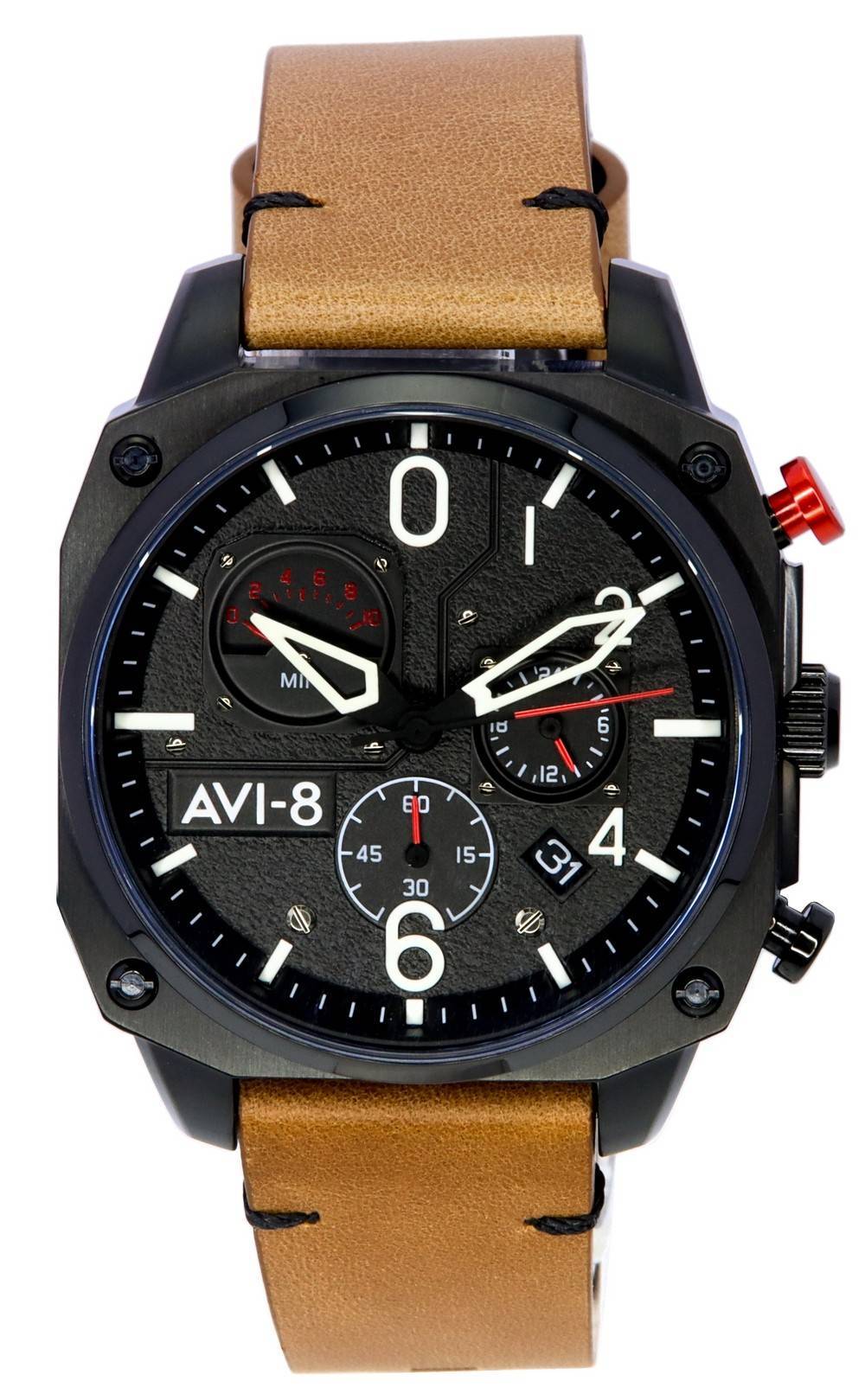 AVI-8 Hawker Hunter Charcoal Ember Brown Retrograde. A brand-new AVI-8 Hawker watch featuring a Leather strap. Front view.