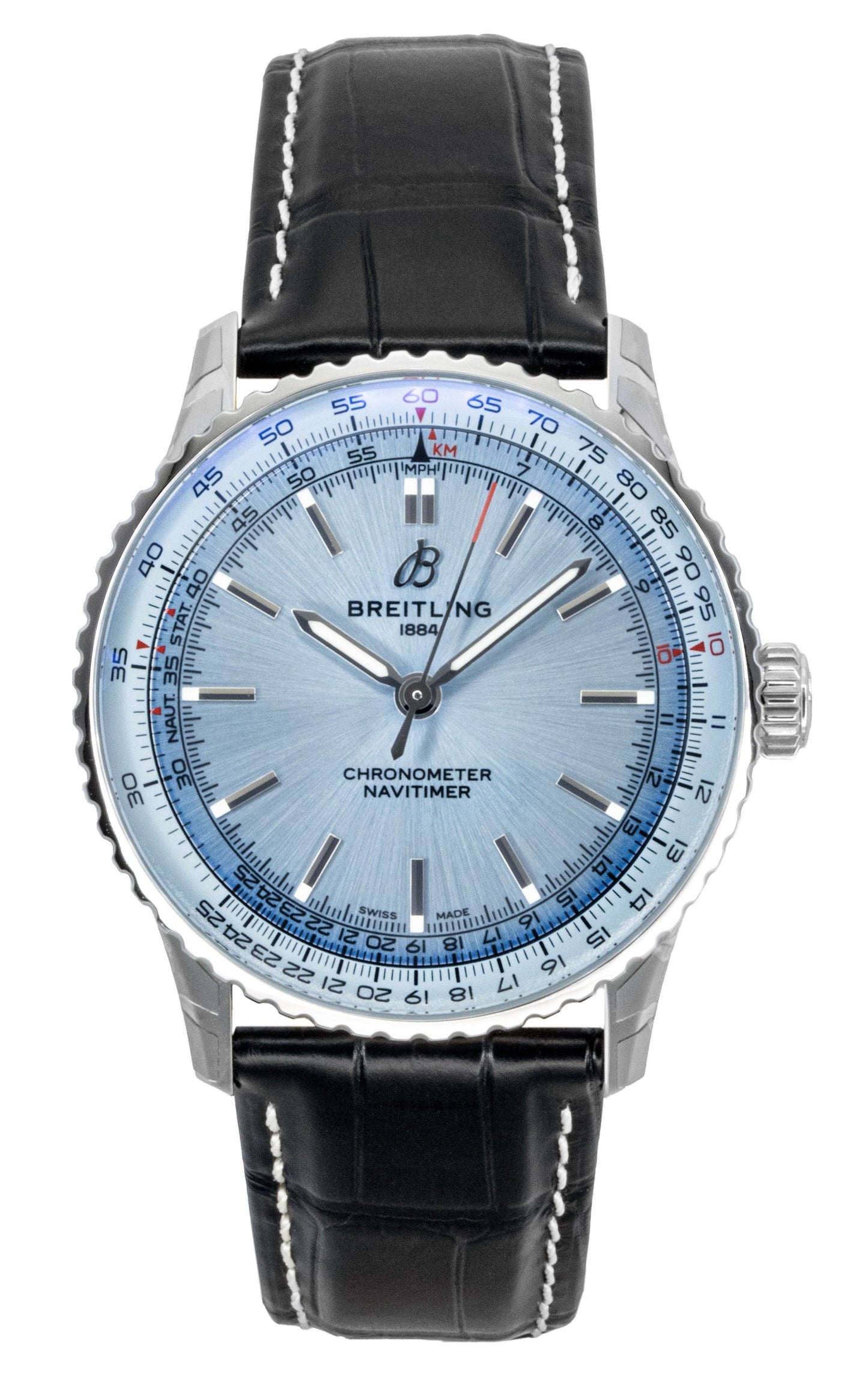 Breitling Navitimer Leather Strap Ice Blue Dial Automatic. A brand-new Breitling Navitimer watch featuring a Blue dial and a Leather strap. Angled view.