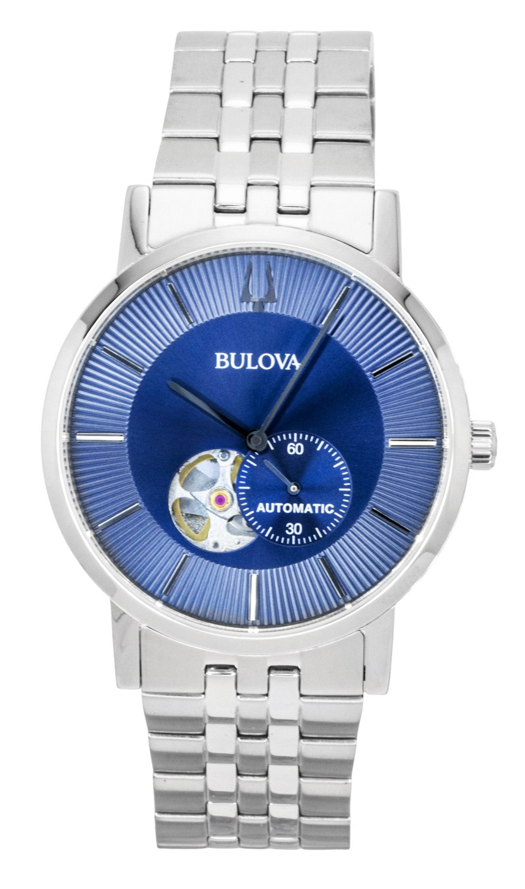 Bulova American Clipper Stainless Steel Open Heart Blue. A brand-new Bulova watch featuring a Blue dial and a Stainless steel strap. Side view.