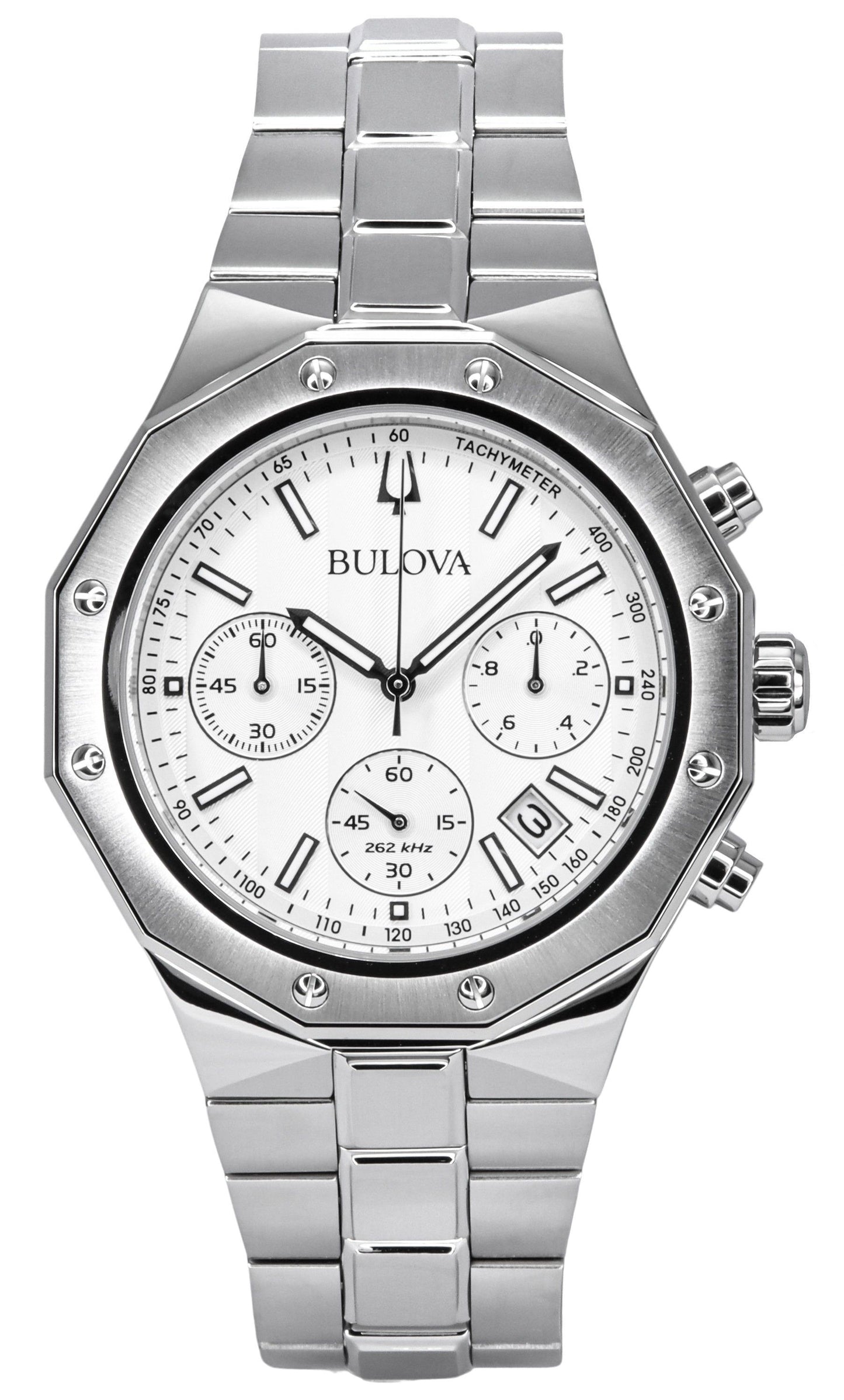 Bulova Classic Precisionist Chronograph Stainless Steel. A brand-new Bulova Classic watch featuring a Silver dial and a Stainless steel strap. Angled view.
