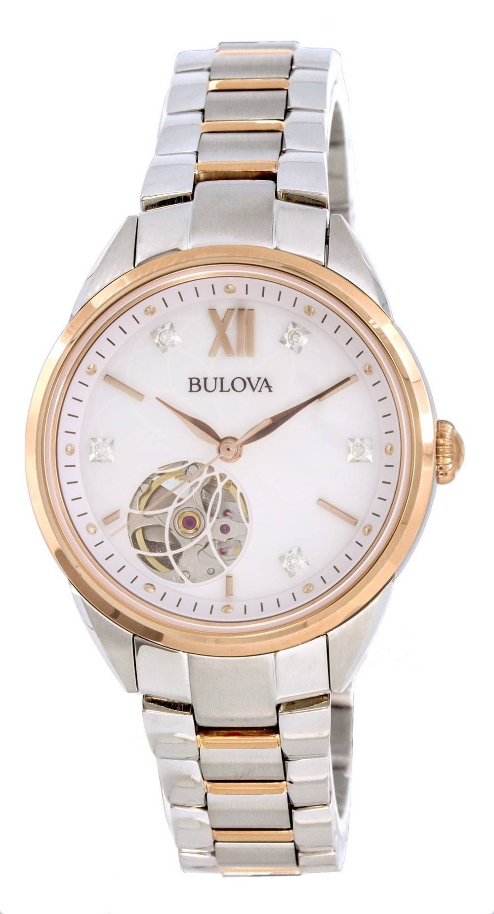 Bulova Classic White Open Heart Dial Automatic Wo. A brand-new Bulova Classic watch featuring a Stainless steel strap. Front view.