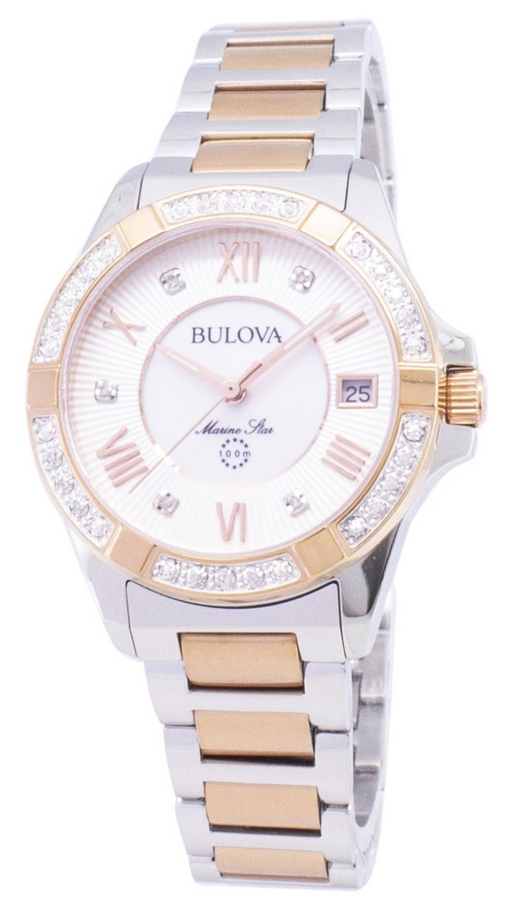 Bulova Marine Star Diamond Accent Quartz Wo Water Resistant. A brand-new Bulova Marine Star watch featuring a Stainless steel strap. Side view.