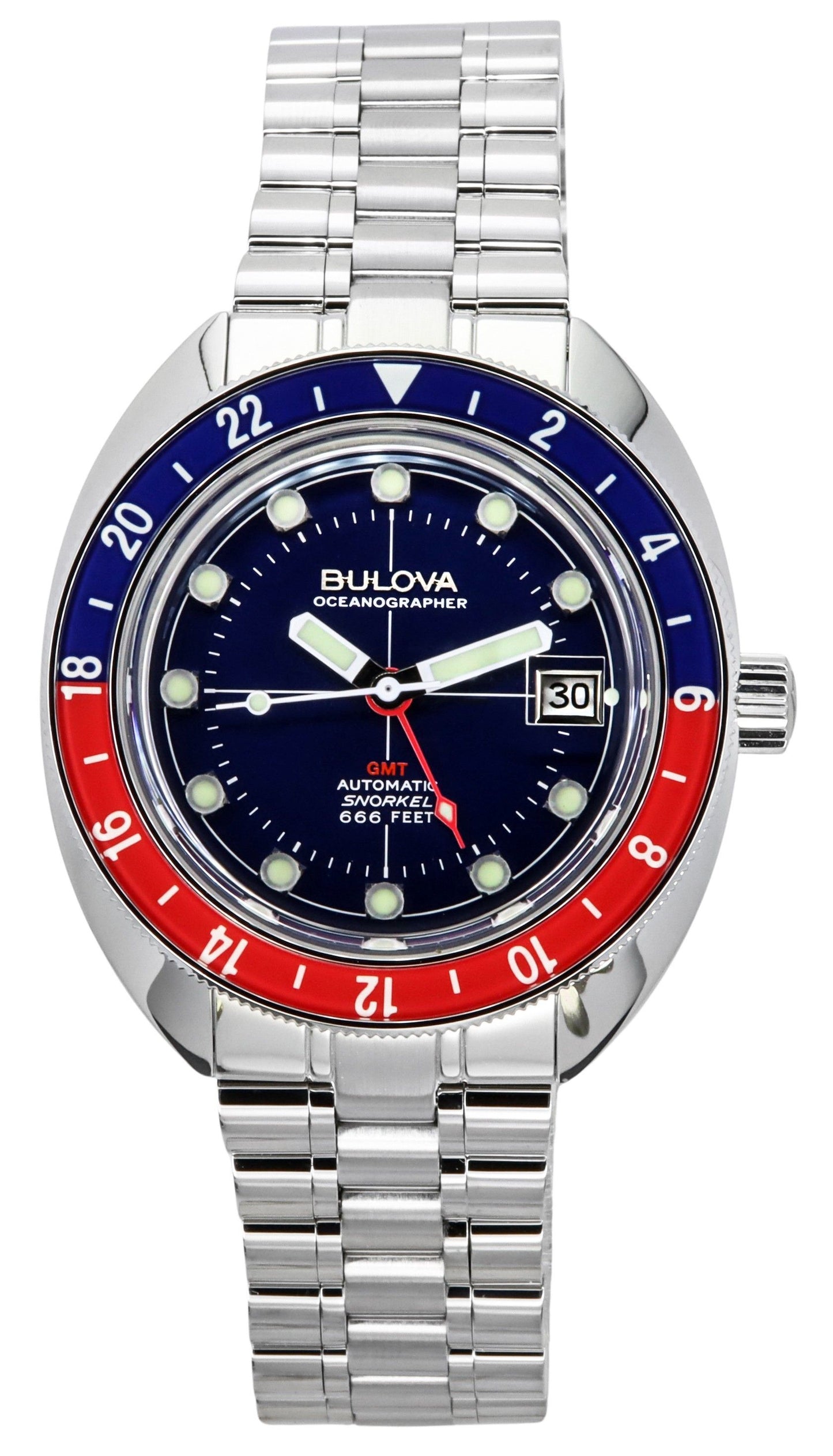 Bulova Oceanographer GMT Stainless Steel Blue Dial. A brand-new Bulova Oceanographer watch featuring a Blue dial and a Stainless steel strap. Front view.