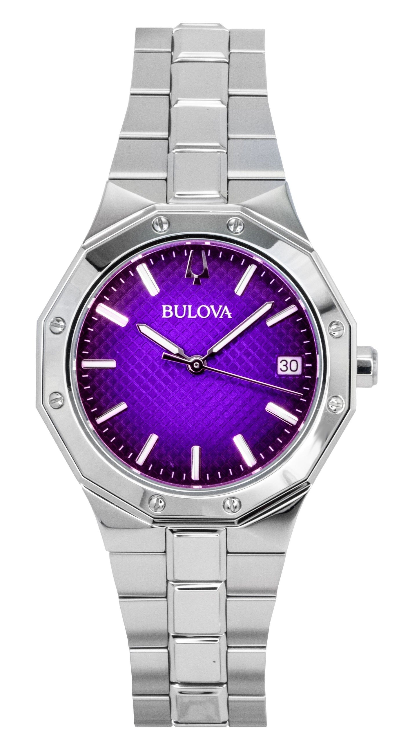Bulova Prestige Stainless Steel Purple Dial Quartz 100M Wo. A brand-new Bulova watch featuring a Purple dial and a Stainless steel strap. Front view.