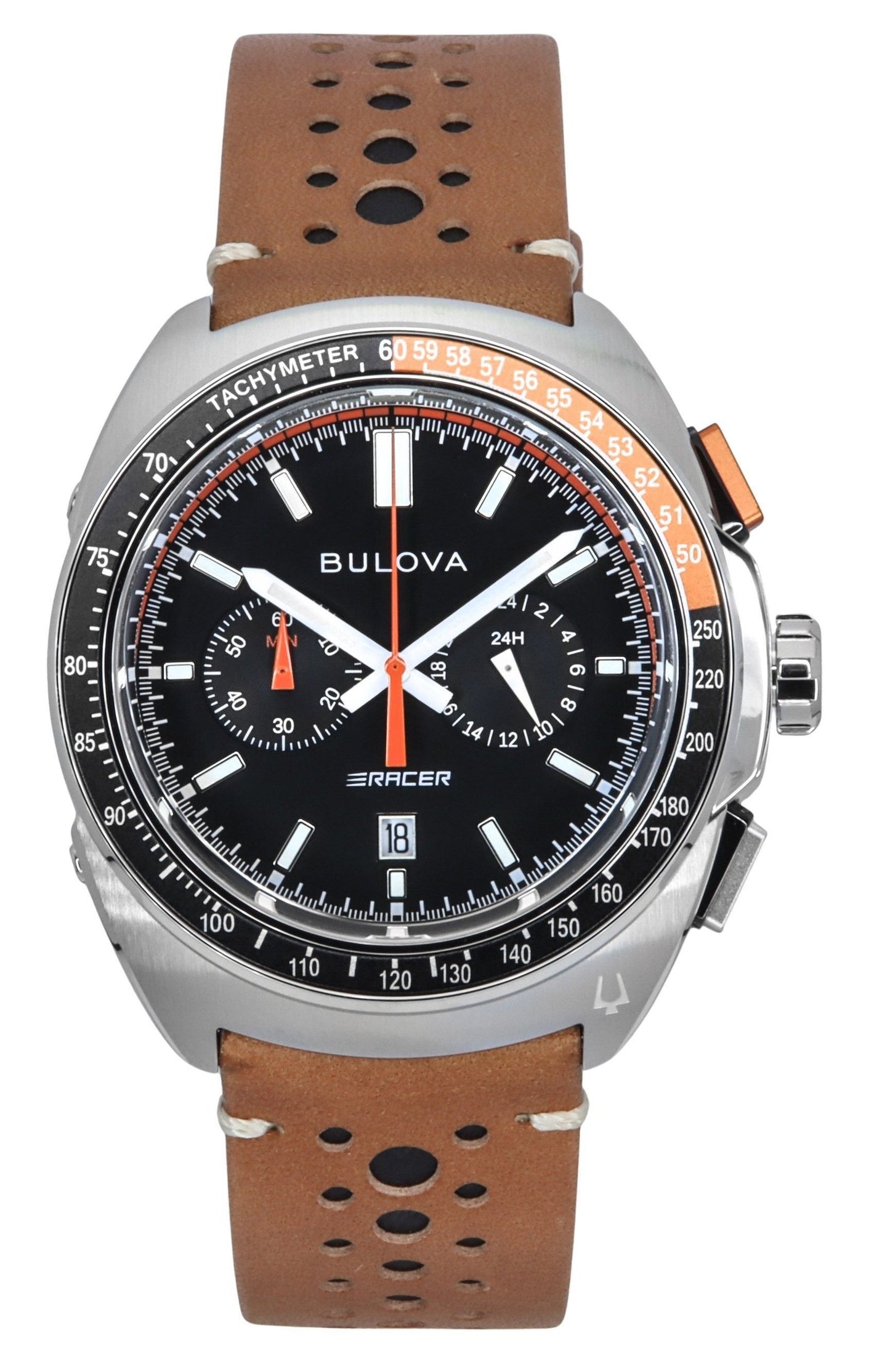 Bulova Racer Chronograph Leather Strap Black Dial Quartz. A brand-new Bulova watch featuring a Black dial and a Leather strap. Side view.