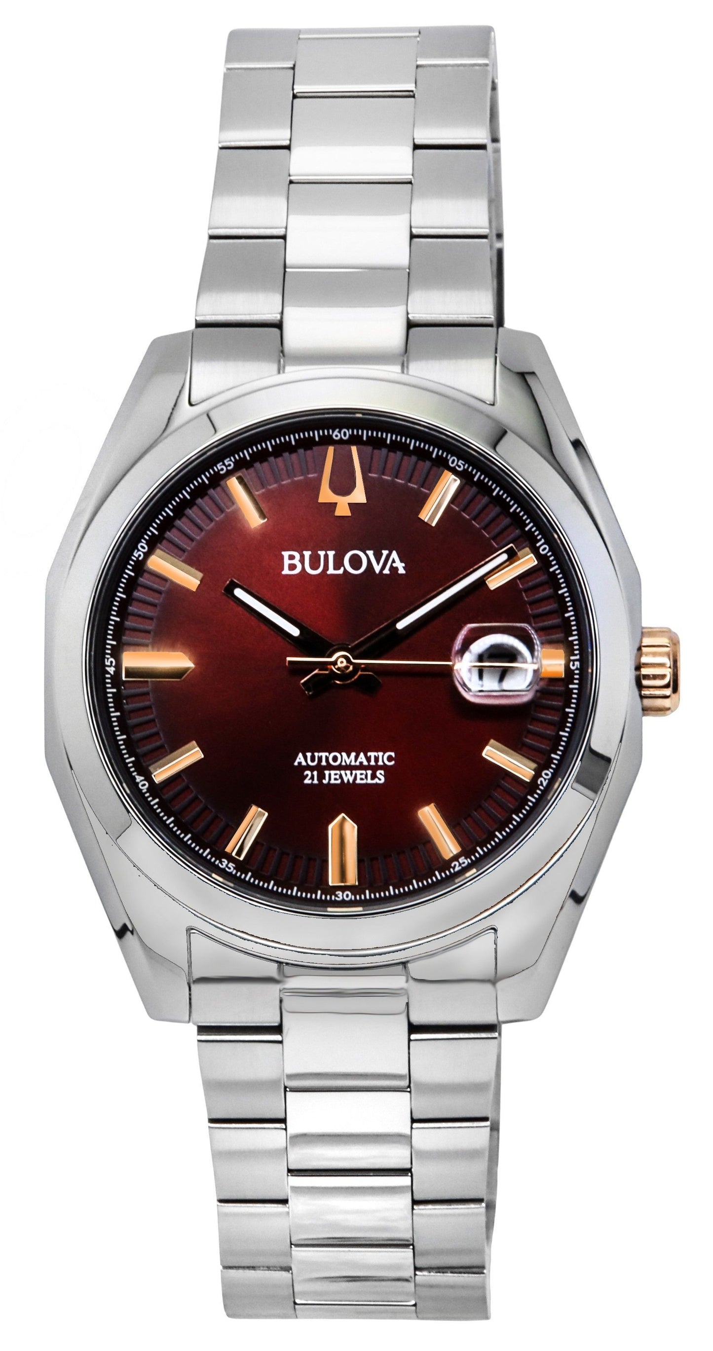 Bulova Surveyor Stainless Steel Burgundy Dial Automatic. A brand-new Bulova watch featuring a Burgundy dial and a Stainless steel strap. Side view.