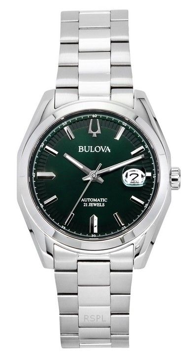 Bulova Surveyor Stainless Steel Green Dial Automatic. A brand-new Bulova watch featuring a Green dial and a Stainless steel strap. Front view.