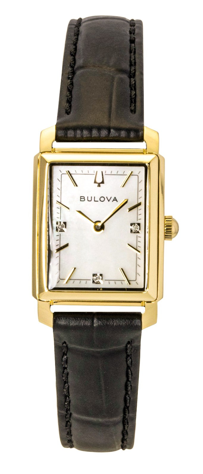 Bulova Sutton Leather Strap Diamond Mother of Pearl Dial. A brand-new Bulova Sutton watch featuring a Mother Of Pearl dial and a Leather strap. Side view.