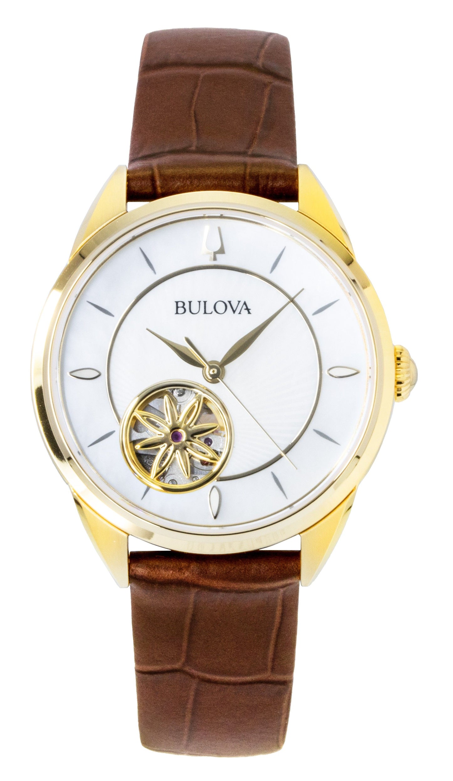 Bulova Sutton Leather Strap Open Heart Mother Of Pearl Dial. A brand-new Bulova Sutton watch featuring a Mother Of Pearl dial and a Leather strap. Front view.