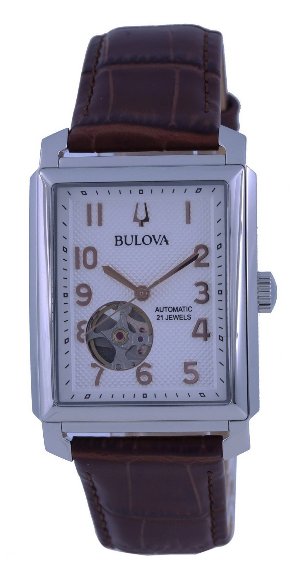 Bulova Sutton White Dial Leather Strap Automatic. A brand-new Bulova Sutton watch featuring a White dial and a Leather strap. Front view.