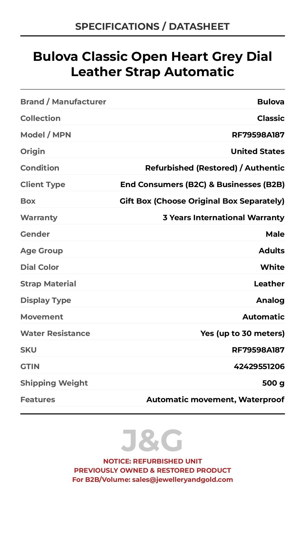 Bulova Classic Open Heart Grey Dial Leather Strap Automatic. A professionally refurbished Bulova Classic watch featuring a White dial and a Leather strap. Side view. - MAIN_PH