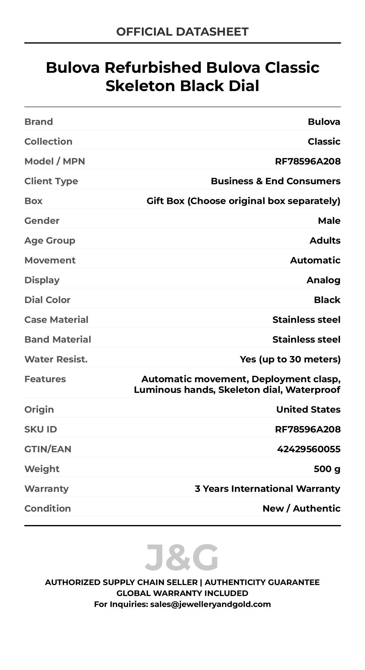 Bulova Refurbished Bulova Classic Skeleton Black Dial. A brand-new Bulova Classic watch featuring a Black dial and a Stainless steel strap. Front view. - MAIN_PH