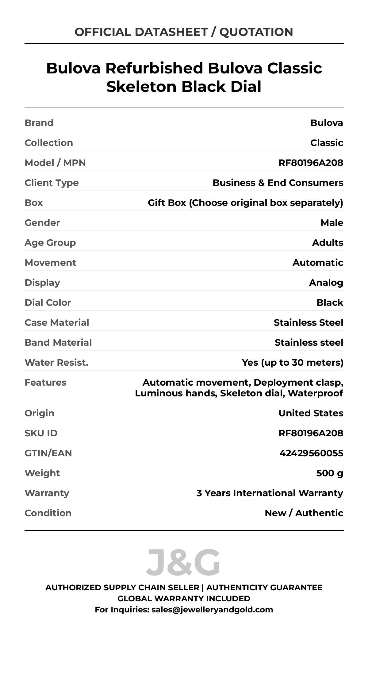 Bulova Refurbished Bulova Classic Skeleton Black Dial. A brand-new Bulova Classic watch featuring a Black dial and a Stainless steel strap. Angled view. - MAIN_PH