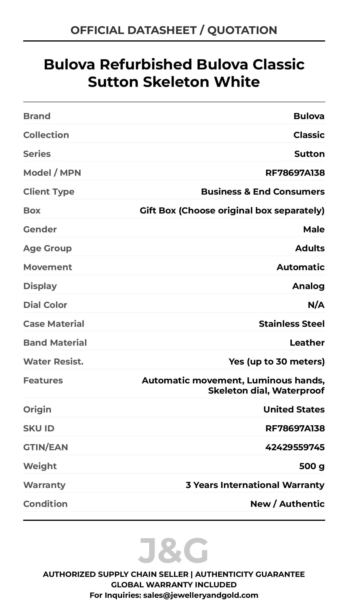 Bulova Refurbished Bulova Classic Sutton Skeleton White. A brand-new Bulova Classic watch featuring a N/A dial and a Leather strap. Front view. - MAIN_PH