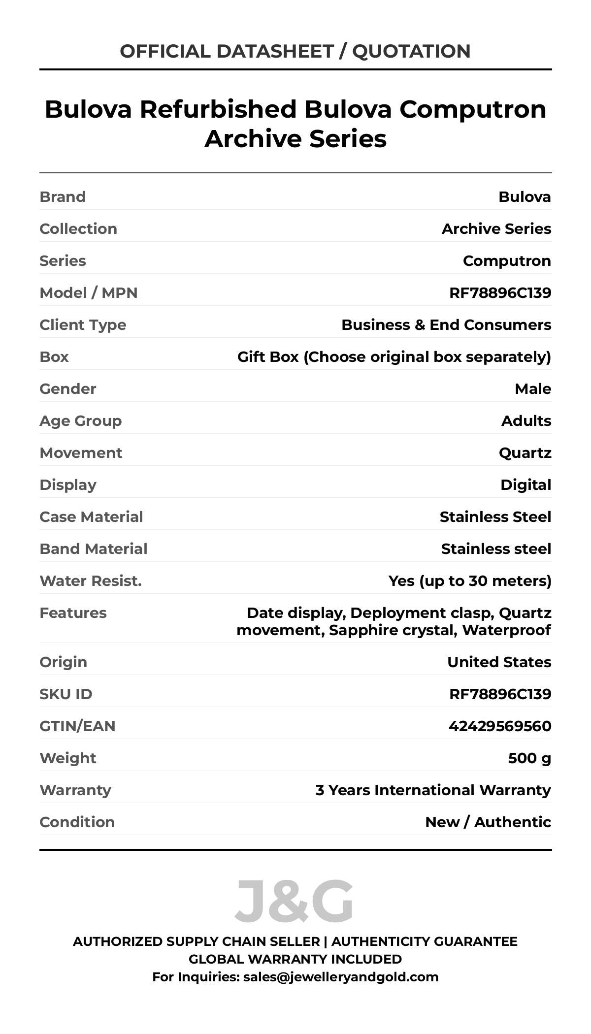 Bulova Refurbished Bulova Computron Archive Series. A brand-new Bulova Archive Series watch featuring a Stainless steel strap. Side view. - MAIN_PH