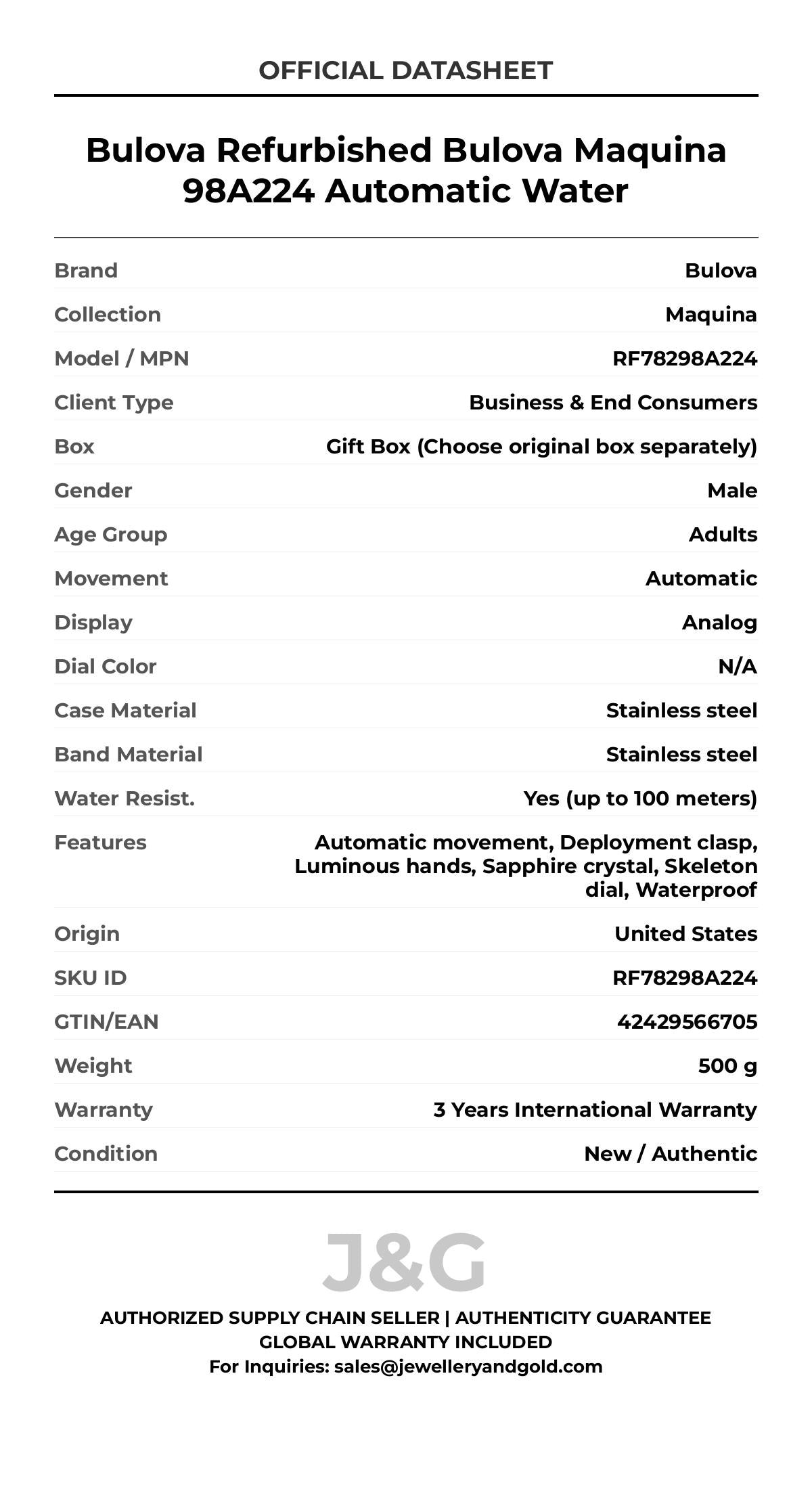 Bulova Refurbished Bulova Maquina 98A224 Automatic Water. A brand-new Bulova Maquina watch featuring a N/A dial and a Stainless steel strap. Front view. - MAIN_PH