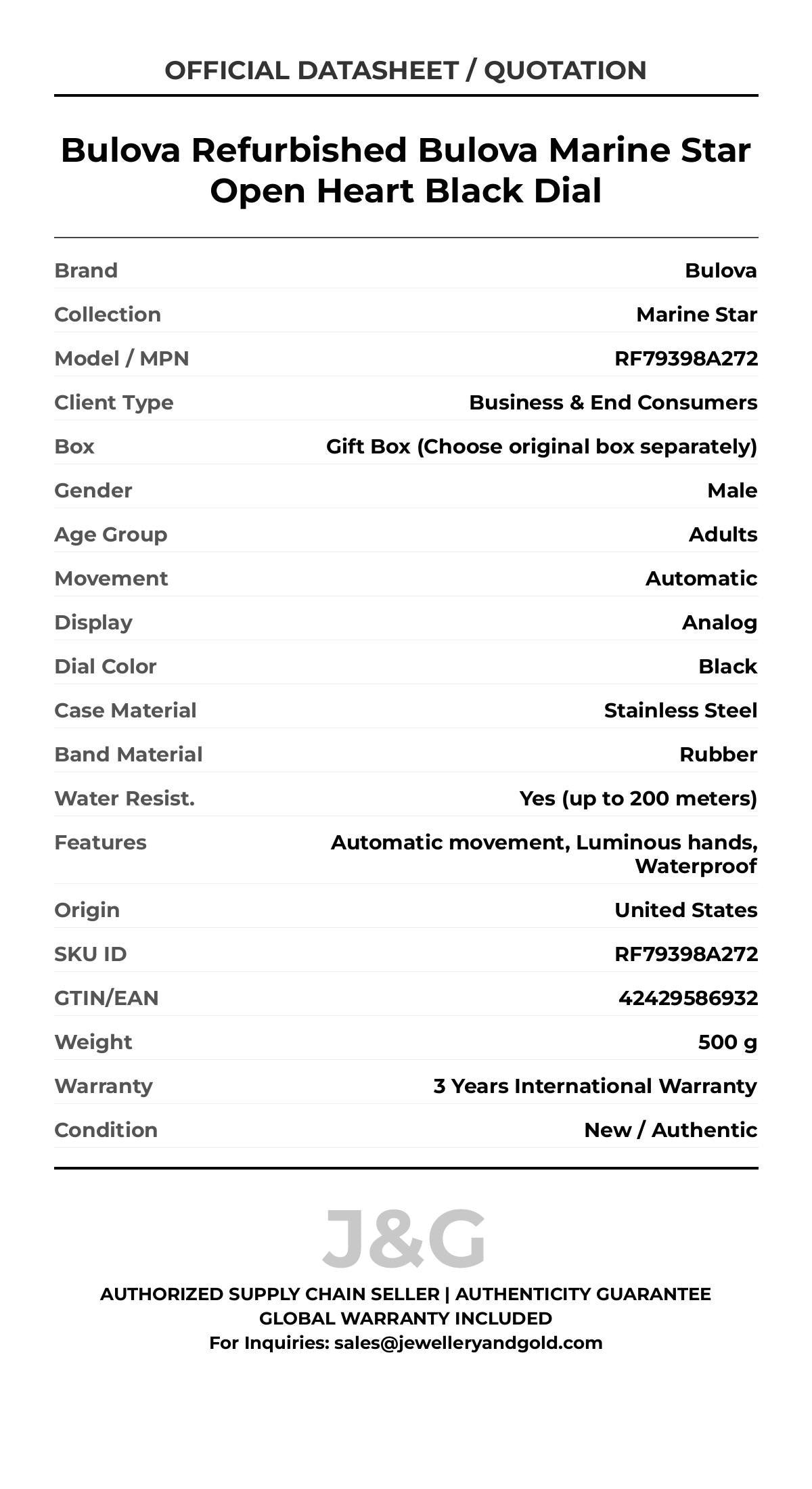 Bulova Refurbished Bulova Marine Star Open Heart Black Dial. A brand-new Bulova Marine Star watch featuring a Black dial and a Rubber strap. Angled view. - MAIN_PH