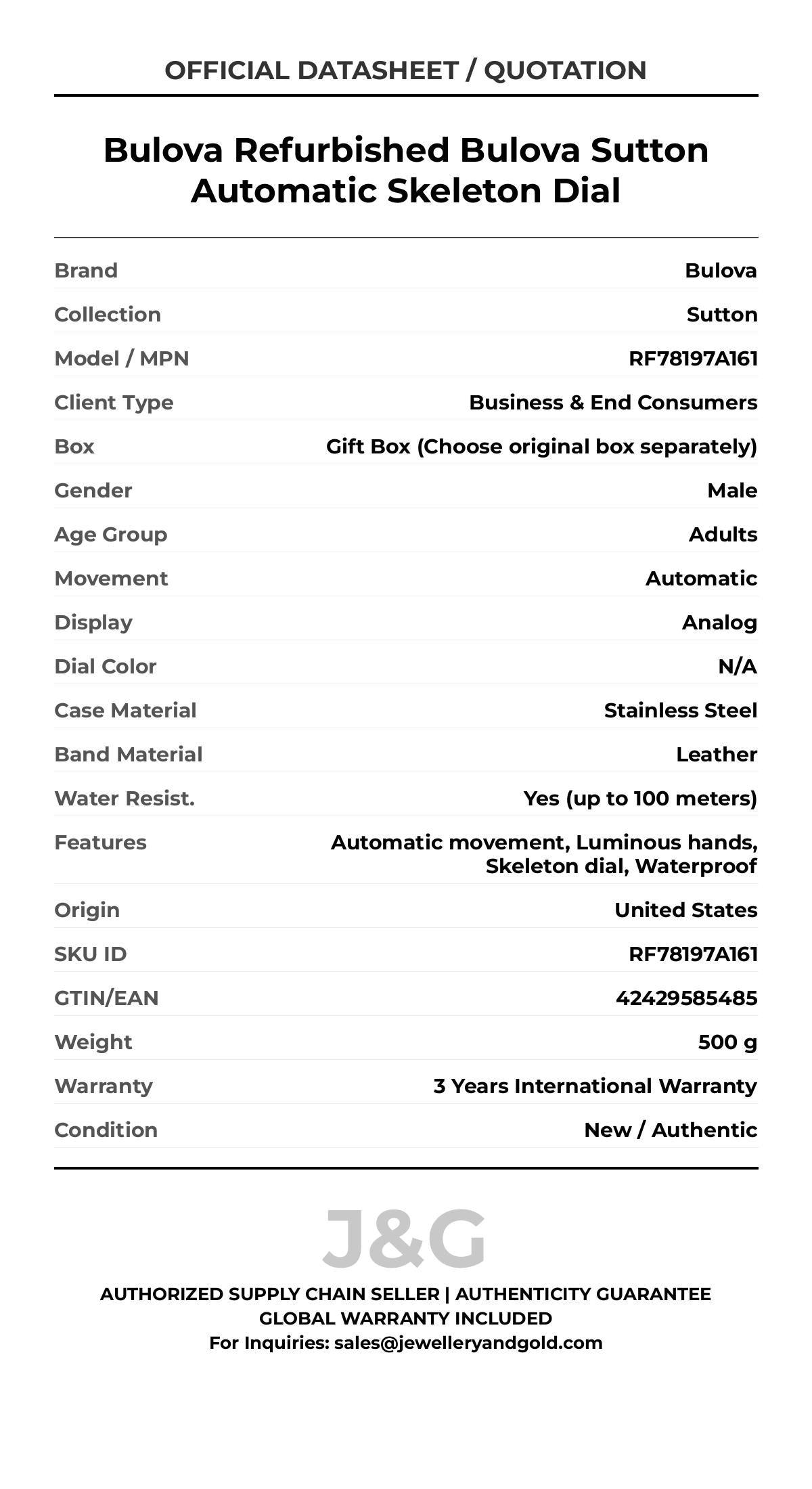 Bulova Refurbished Bulova Sutton Automatic Skeleton Dial. A brand-new Bulova Sutton watch featuring a N/A dial and a Leather strap. Front view. - MAIN_PH