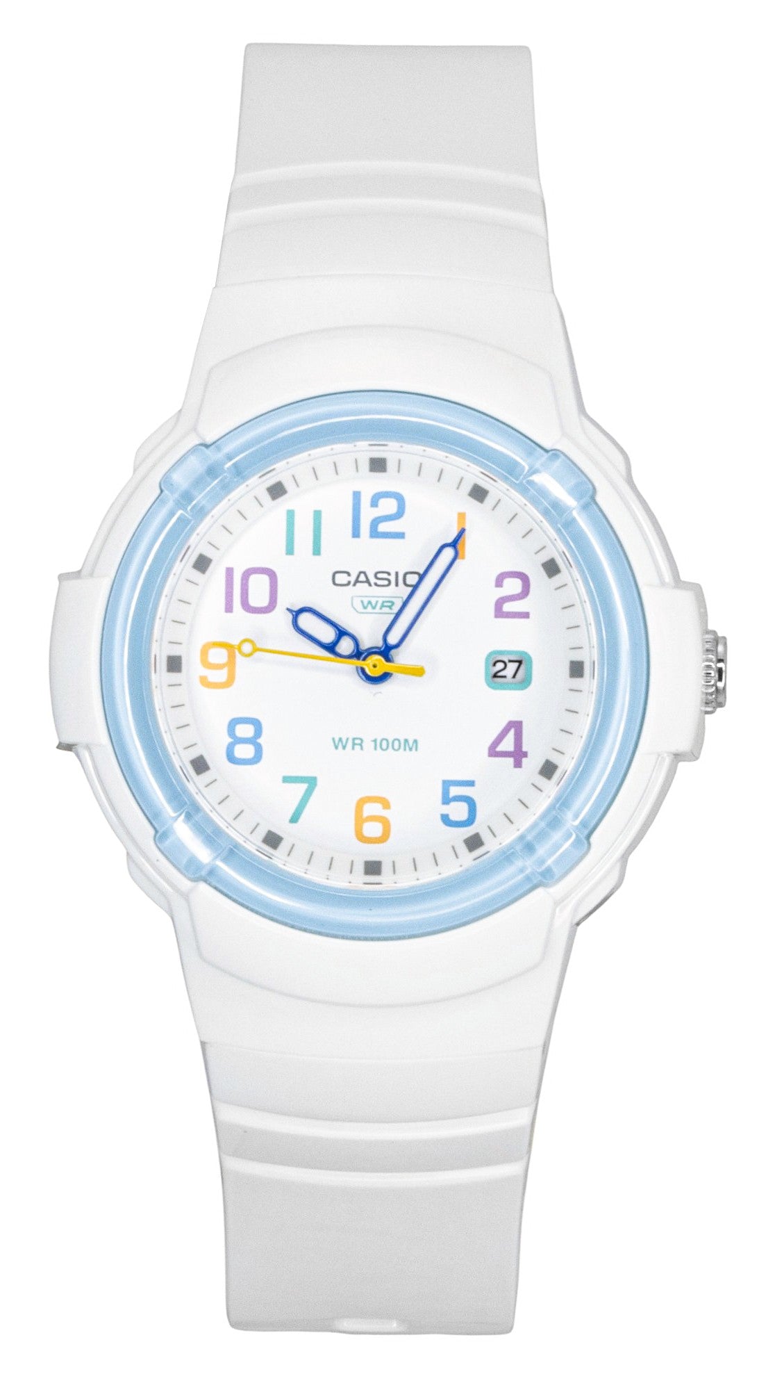 Casio Analog Bio-Based Resin Strap White Dial Quartz 100M Wo. A brand-new Casio watch featuring a White dial and a Plastic strap. Angled view.