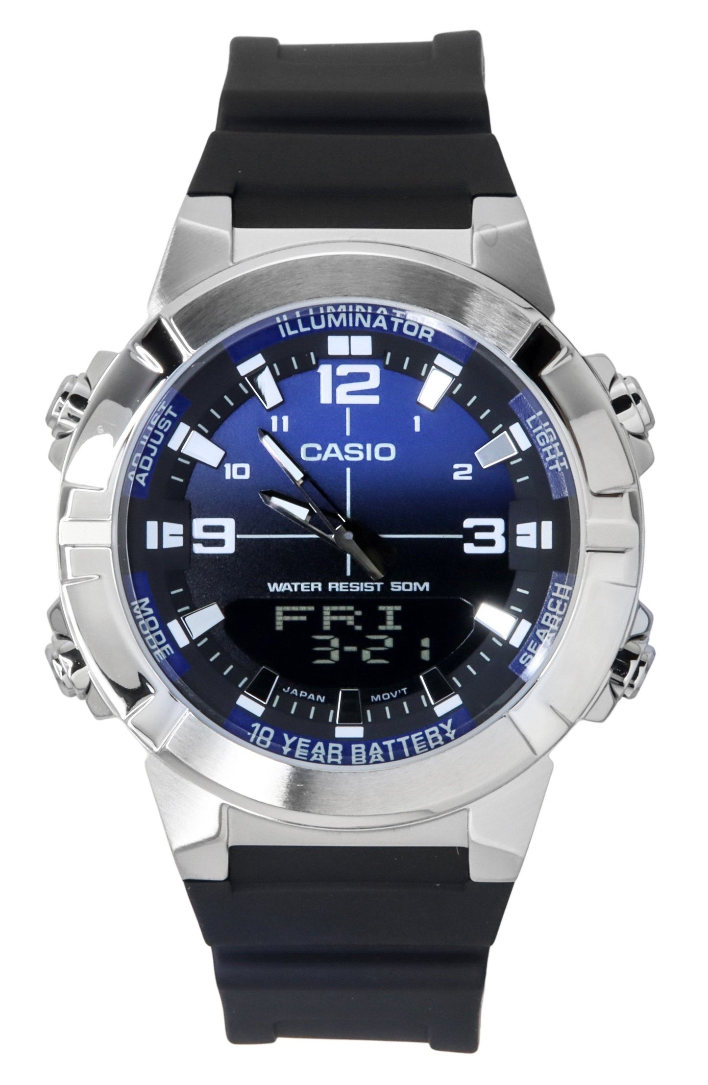 Casio Analog Digital Combination Resin Strap Blue Dial. A brand-new Casio watch featuring a Blue dial and a Stainless steel strap. Front view.