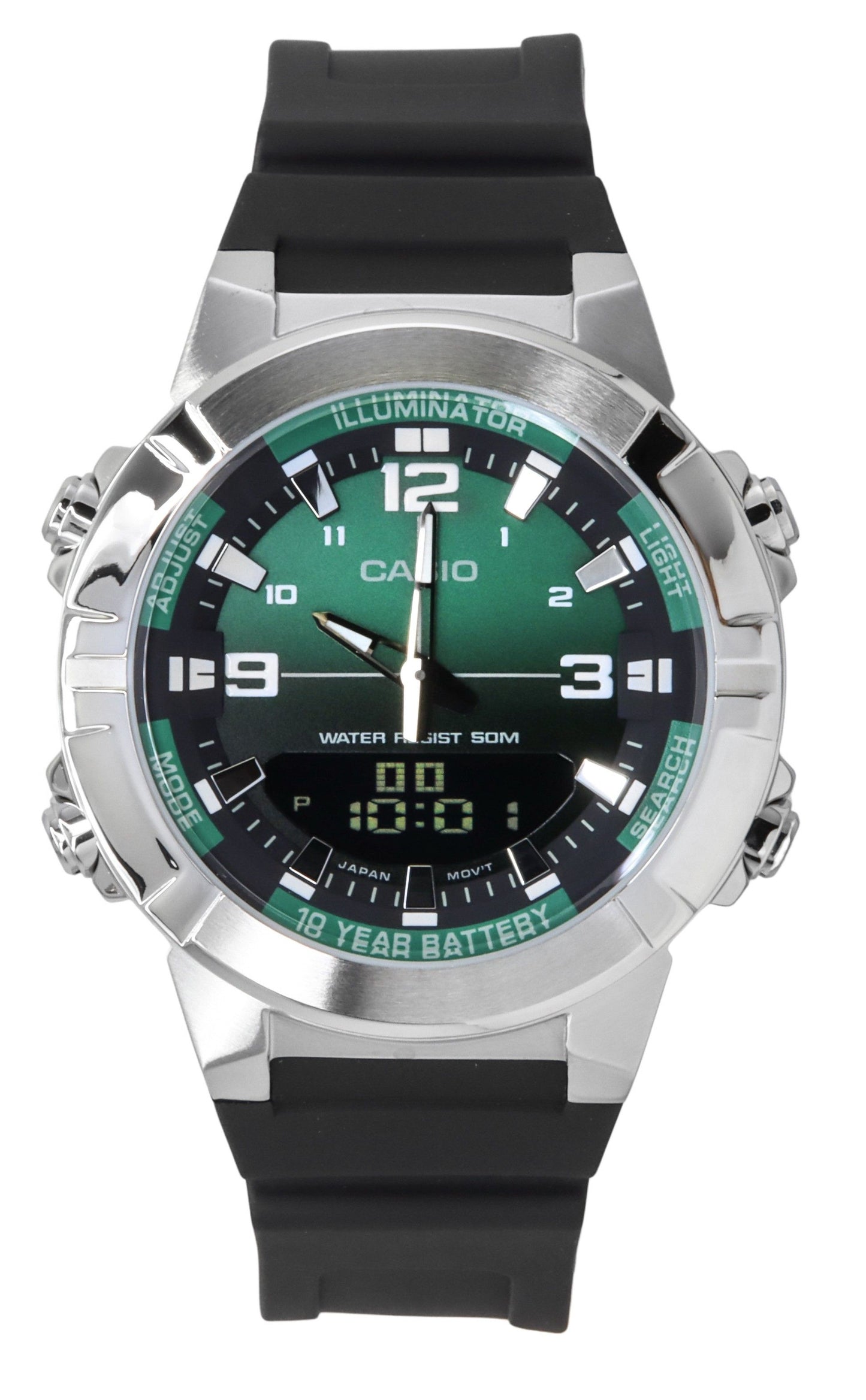 Casio Analog Digital Combination Resin Strap Green Dial. A brand-new Casio watch featuring a Green dial and a Stainless steel strap. Side view.