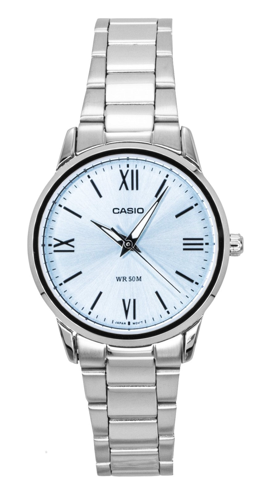 Casio Analog Stainless Steel Mint Blue Dial Quartz Wo. A brand-new Casio watch featuring a Blue dial and a Stainless steel strap. Angled view.