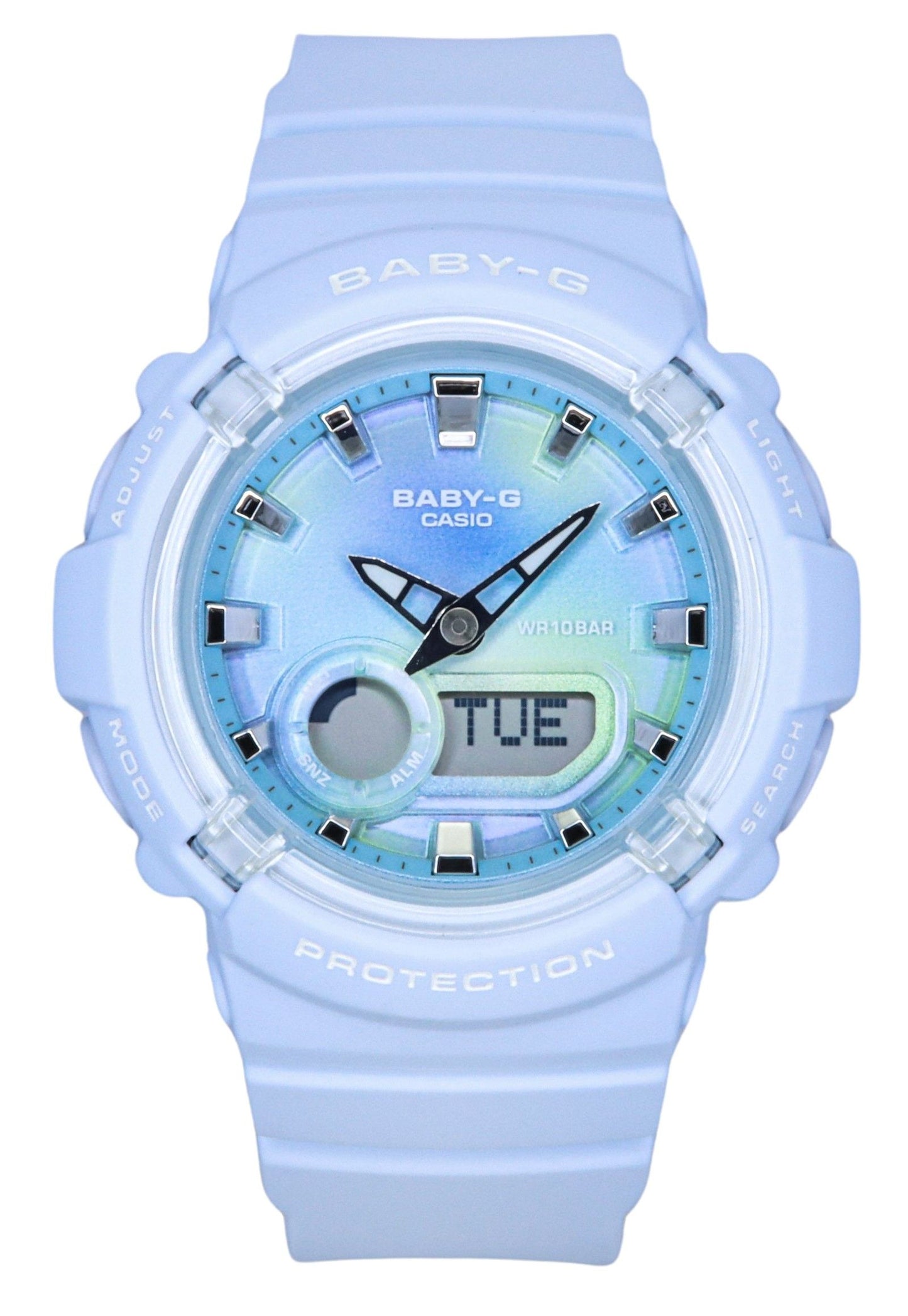 Casio Baby-G Analog Digital Resin Strap Blue Dial Quartz. A brand-new Casio Baby-G watch featuring a Blue dial. Angled view.