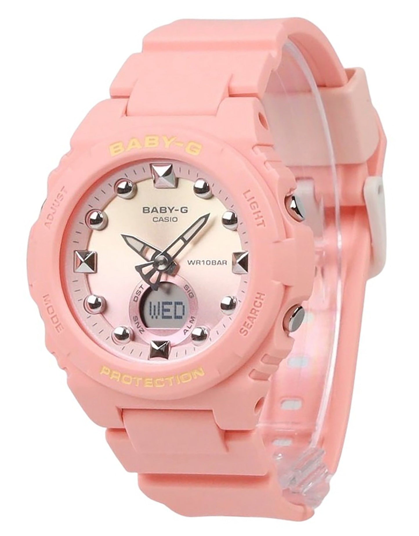 Casio Baby-G Analog Digital Resin Strap Pink Dial Quartz. A brand-new Casio Baby-G watch featuring a Pink dial. Side view.