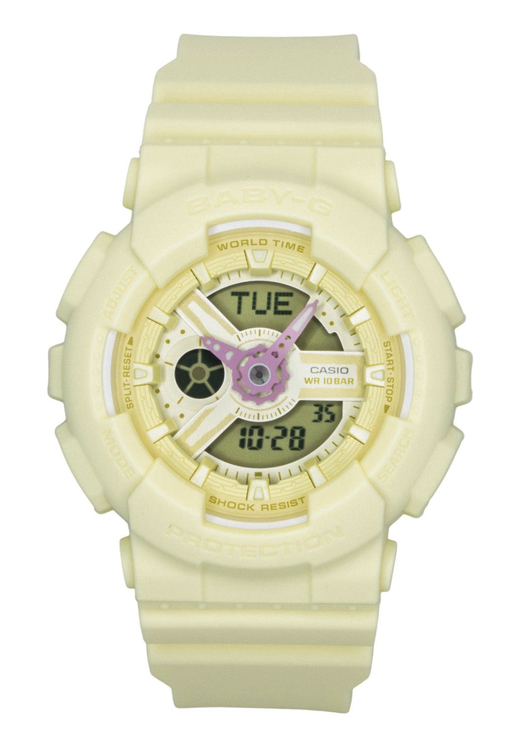 Casio Baby-G Analog Digital Resin Strap Yellow Dial Quartz. A brand-new Casio Baby-G watch featuring a Yellow dial. Side view.