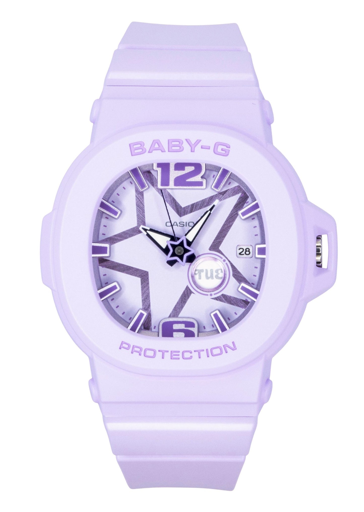 Casio Baby-G Analog Resin Strap Purple Dial Quartz 100M Wo. A brand-new Casio Baby-G watch featuring a Purple dial. Front view.