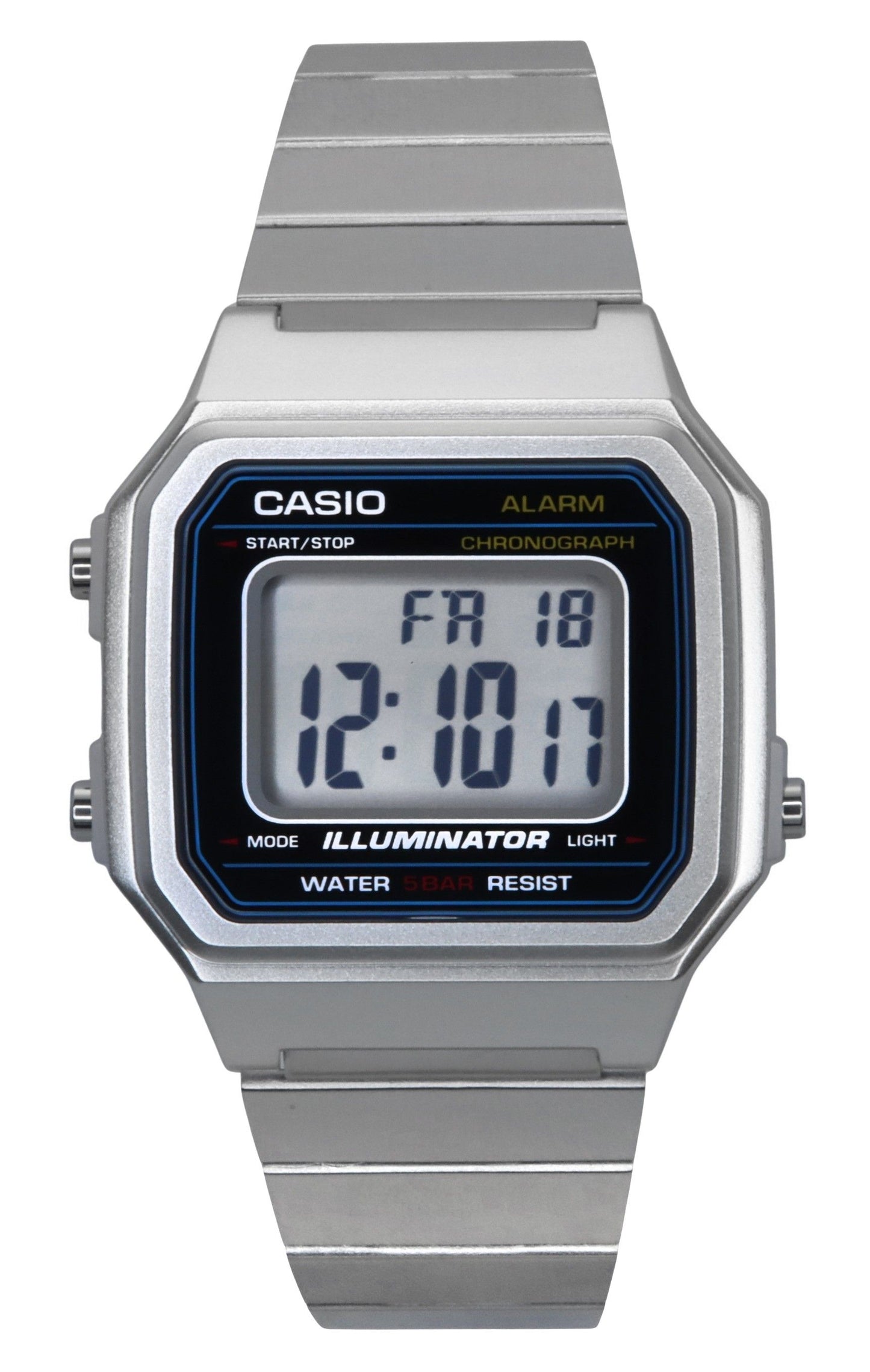 Casio Classic Vintage Illuminator Chronograph Alarm Digital. A brand-new Casio Vintage watch featuring a Stainless steel strap. Front view.