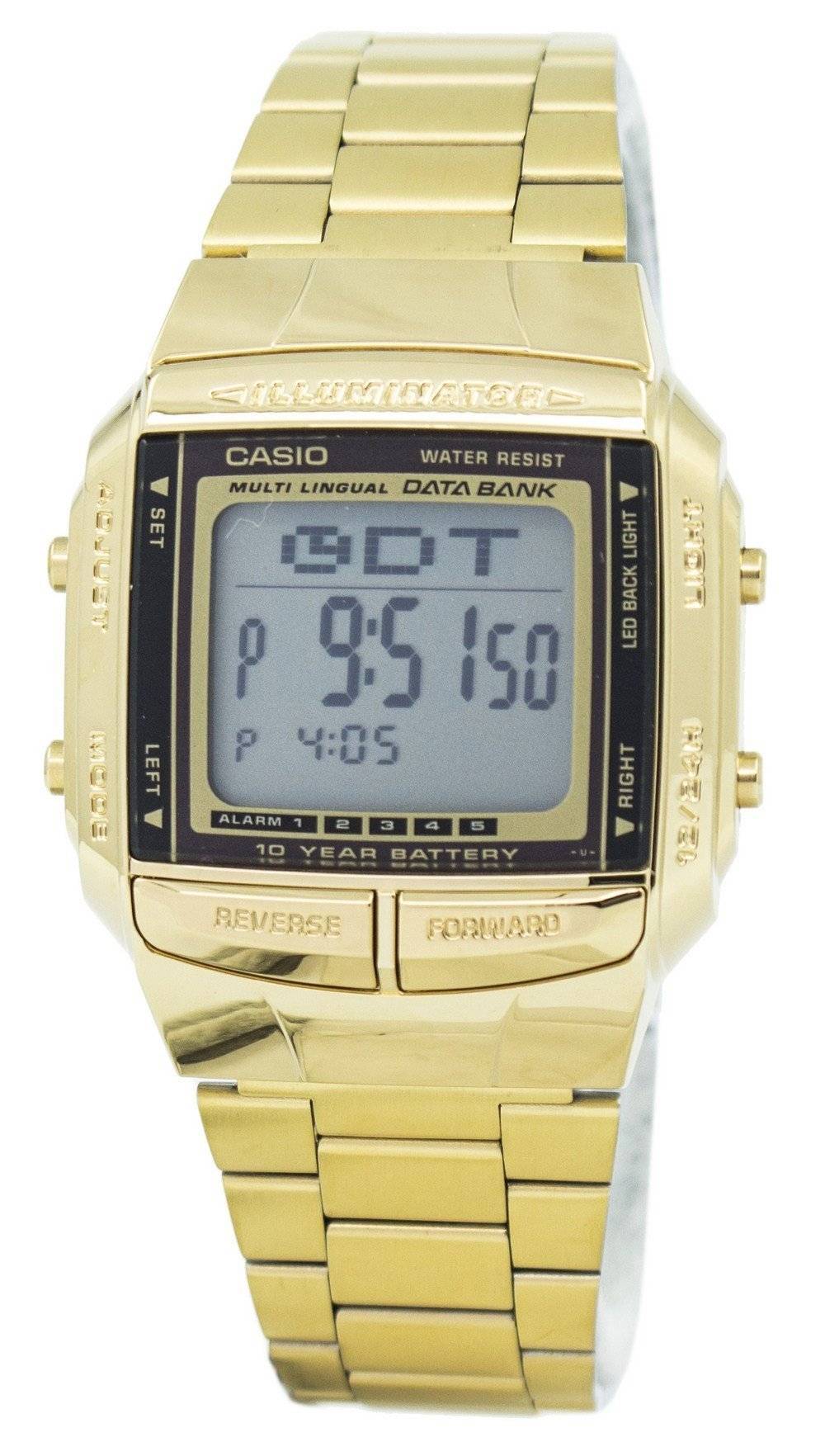 Casio Databank Telememo DB360G-9A Stainless Steel. A brand-new Casio watch featuring a Stainless steel strap. Angled view.