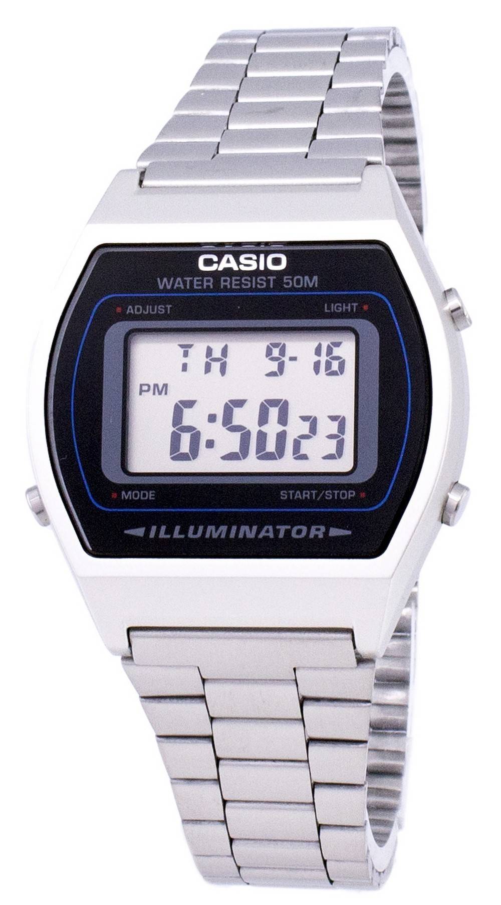 Casio Digital Quartz Stainless Steel Illuminator B640WD-1AV. A brand-new Casio watch featuring a Stainless steel strap. Angled view.