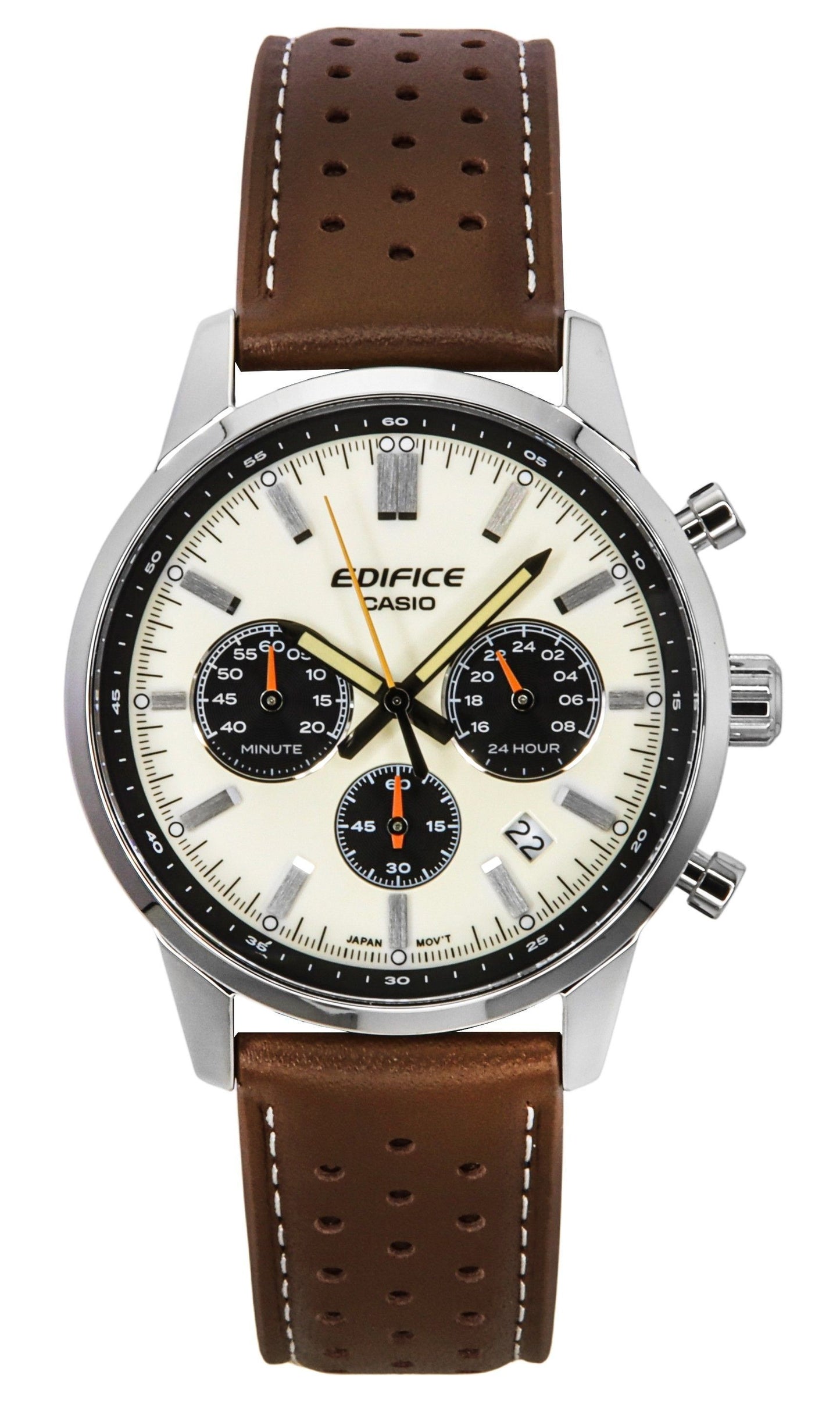 Casio Edifice Analog Chronograph Leather Strap Cream Dial. A brand-new Casio Edifice watch featuring a Leather strap. Side view.