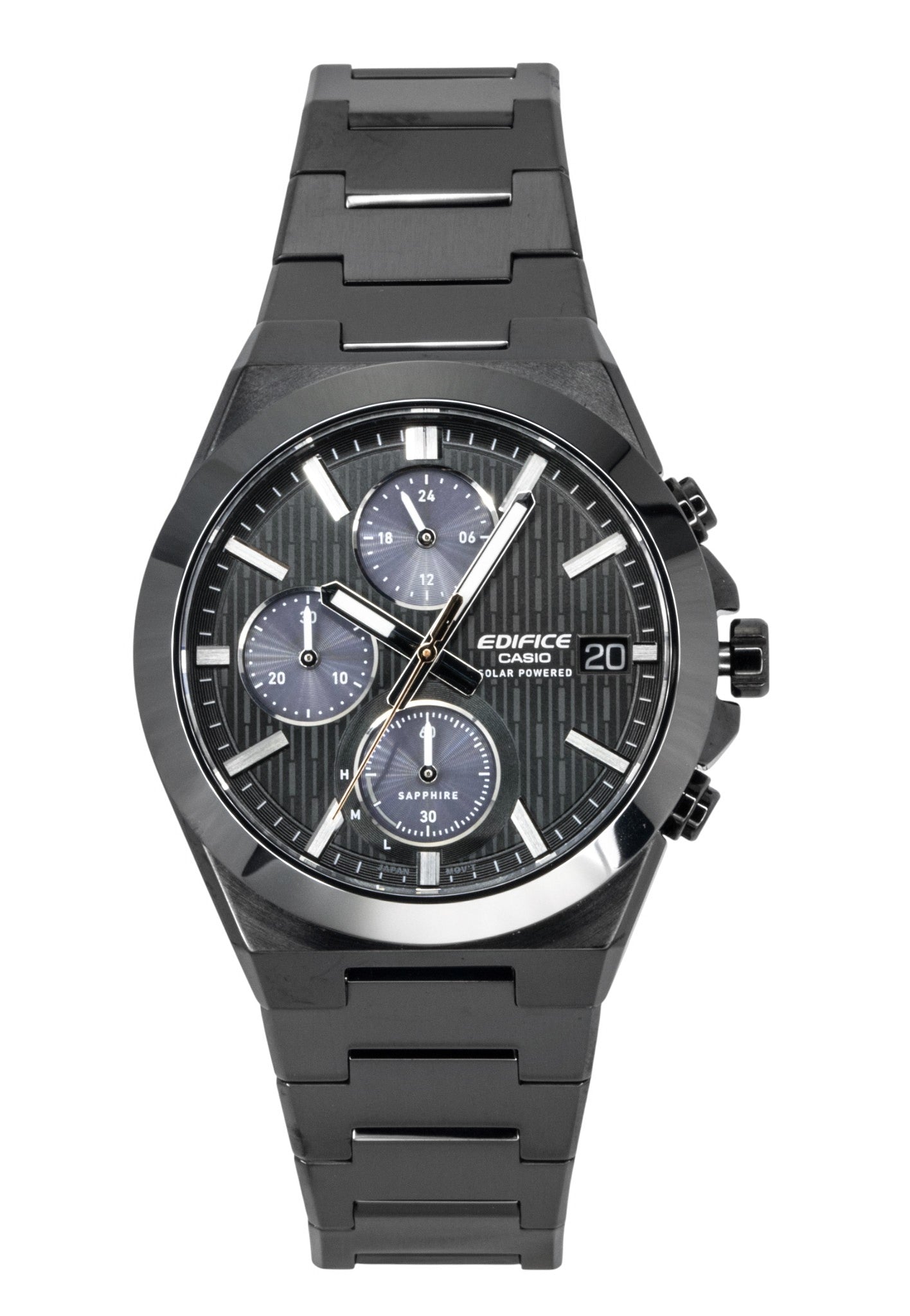 Casio Edifice Analog Chronograph Stainless Steel Black Dial. A brand-new Casio Edifice watch featuring a Black dial and a Stainless steel strap. Angled view.