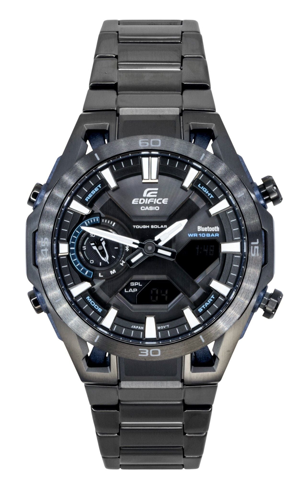 Casio Edifice Analog Digital Stainless Steel Black Dial. A brand-new Casio Edifice watch featuring a Black dial and a Stainless steel strap. Side view.