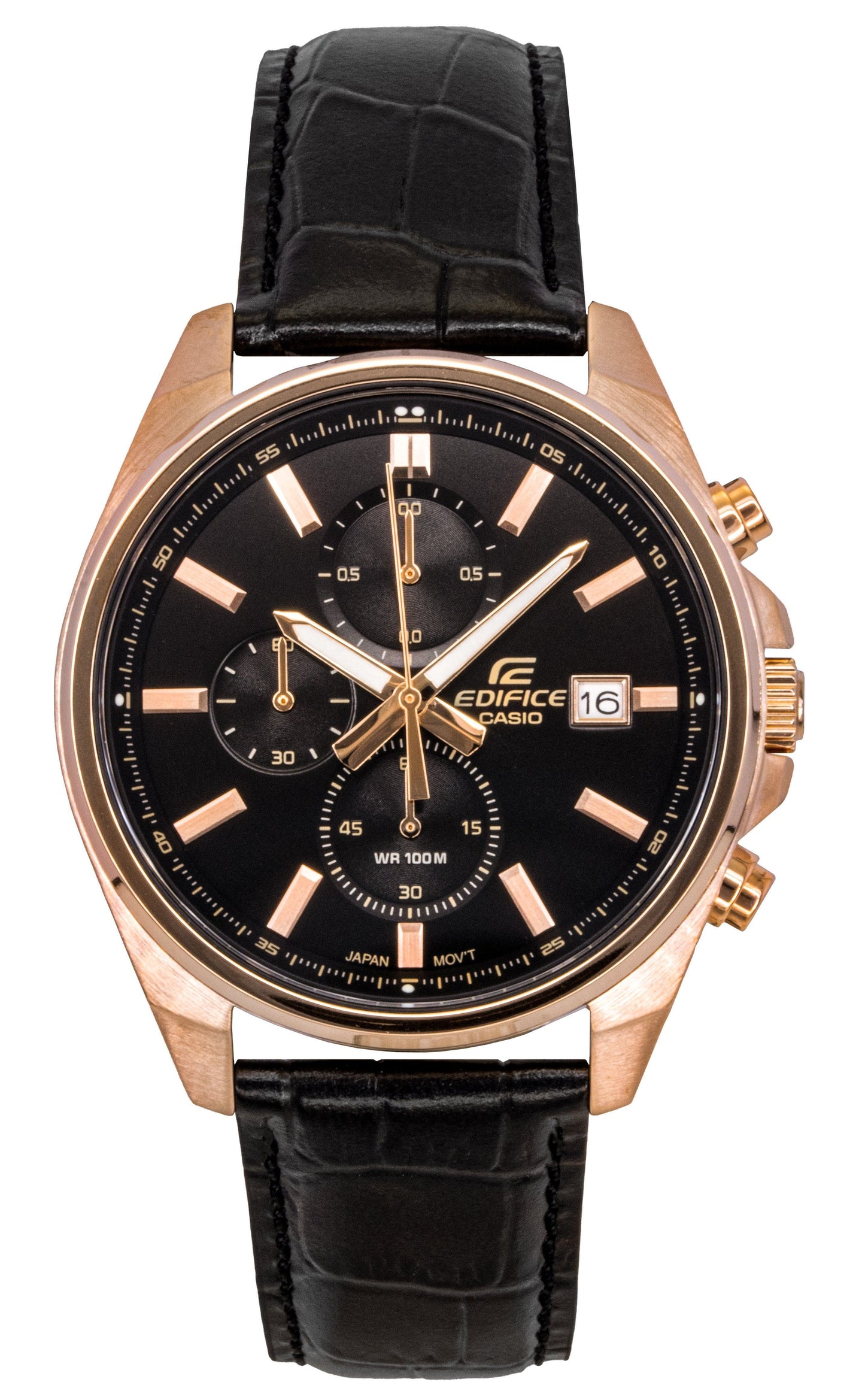 Casio Edifice Analog Standard Chronograph Leather Strap. A brand-new Casio Edifice watch featuring a Black dial and a Leather strap. Front view.