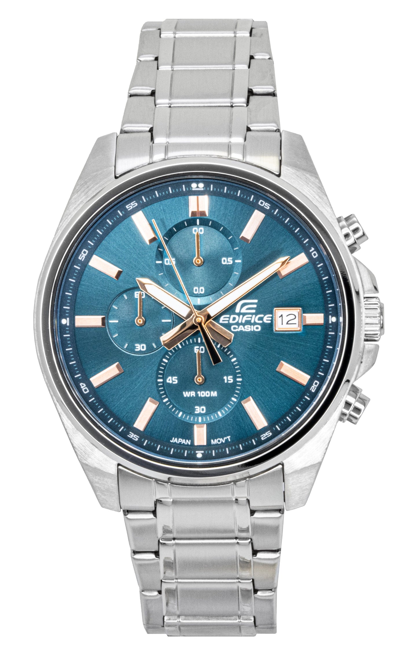 Casio Edifice Analog Standard Chronograph Stainless Steel. A brand-new Casio Edifice watch featuring a Turquoise dial and a Stainless steel strap. Side view.