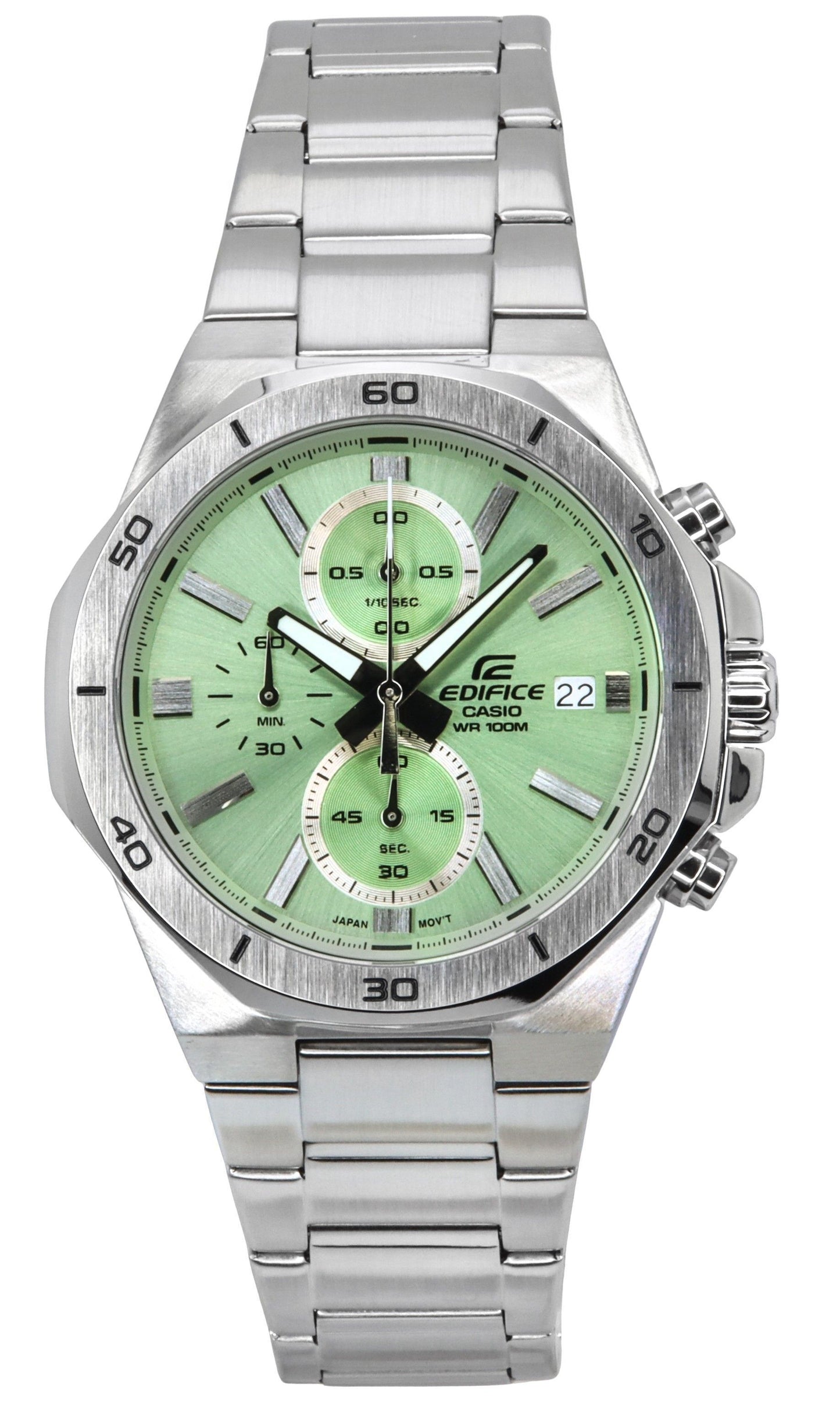Casio Edifice Standard Chronograph Analog Stainless Steel. A brand-new Casio Edifice watch featuring a Green dial and a Stainless steel strap. Angled view.