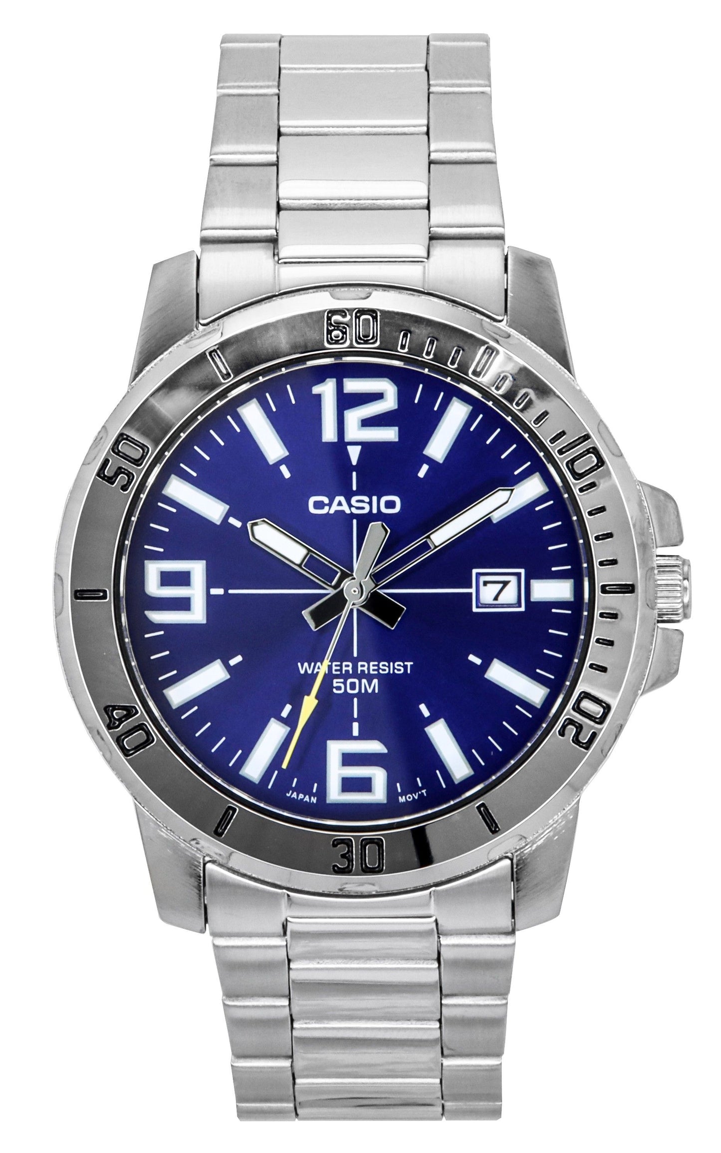 Casio Enticer Analog Stainless Steel Blue Dial Quartz. A brand-new Casio Enticer watch featuring a Blue dial and a Stainless steel strap. Angled view.