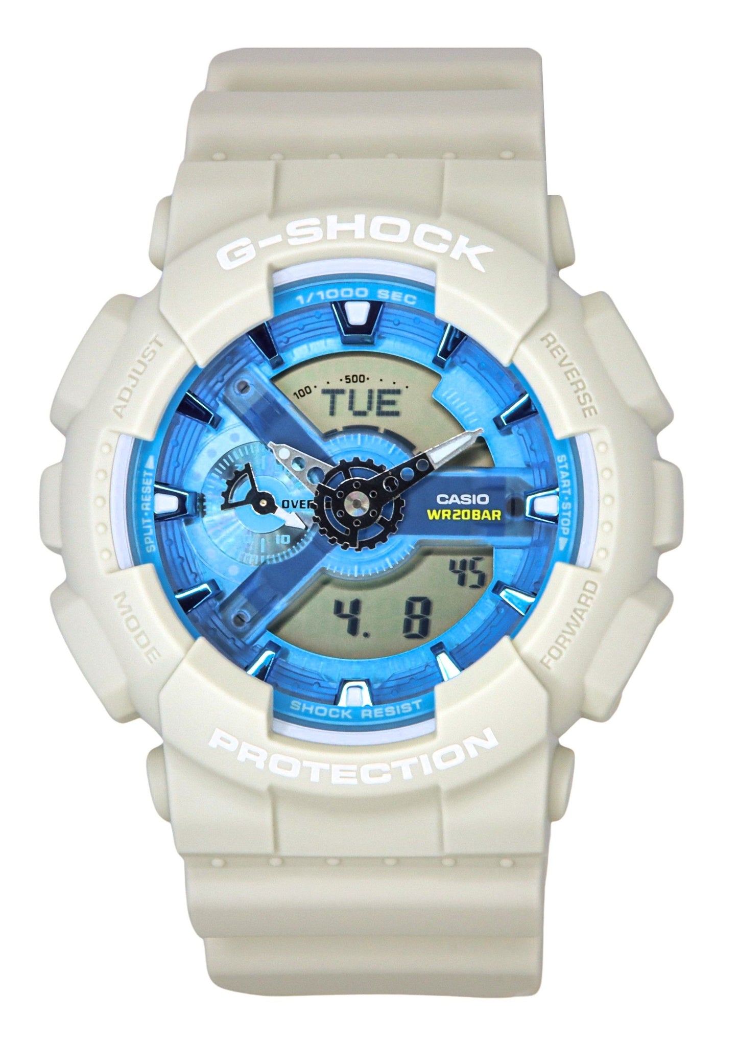 Casio G-Shock Analog Digital Bio-Based Resin Blue Dial. A brand-new Casio G-Shock watch featuring a Blue dial and a Plastic strap. Side view.
