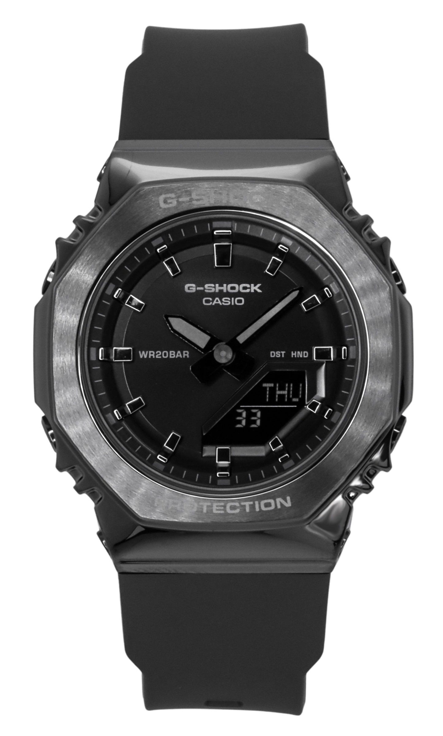 Casio G-Shock Analog Digital Bio-Based Resin Strap Black. A brand-new Casio G-Shock watch featuring a Black dial and a Plastic strap. Angled view.