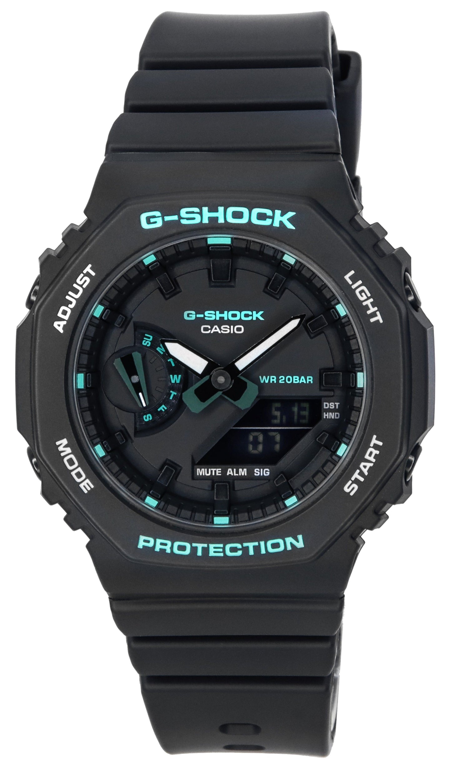 Casio G-Shock Analog Digital Black Dial Quartz GMAS2100GA-1. A brand-new Casio G-Shock watch featuring a Black dial. Angled view.