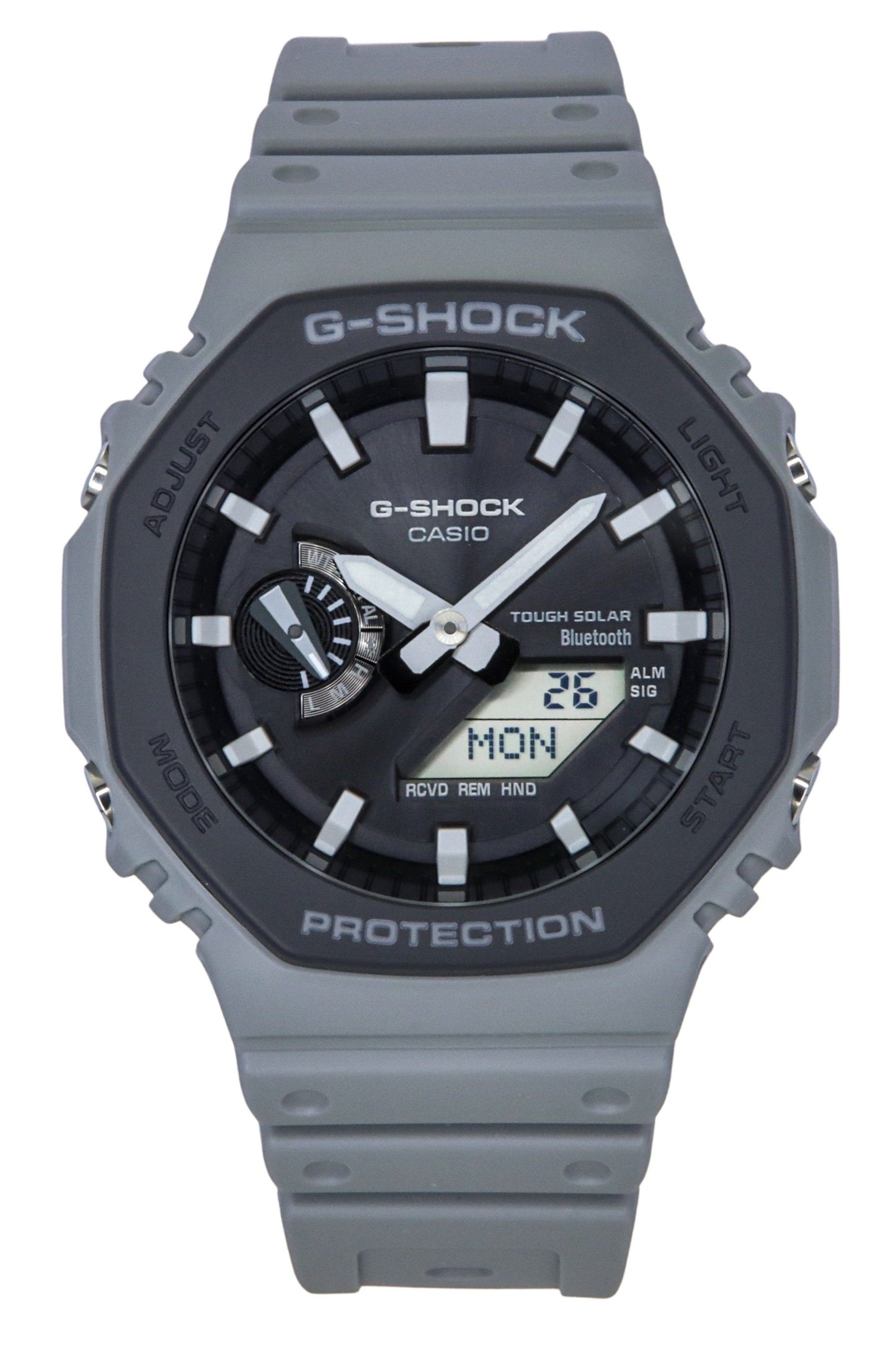 Casio G-Shock Analog Digital Smartphone Link Bio-Based. A brand-new Casio G-Shock watch featuring a Grey dial and a Plastic strap. Angled view.
