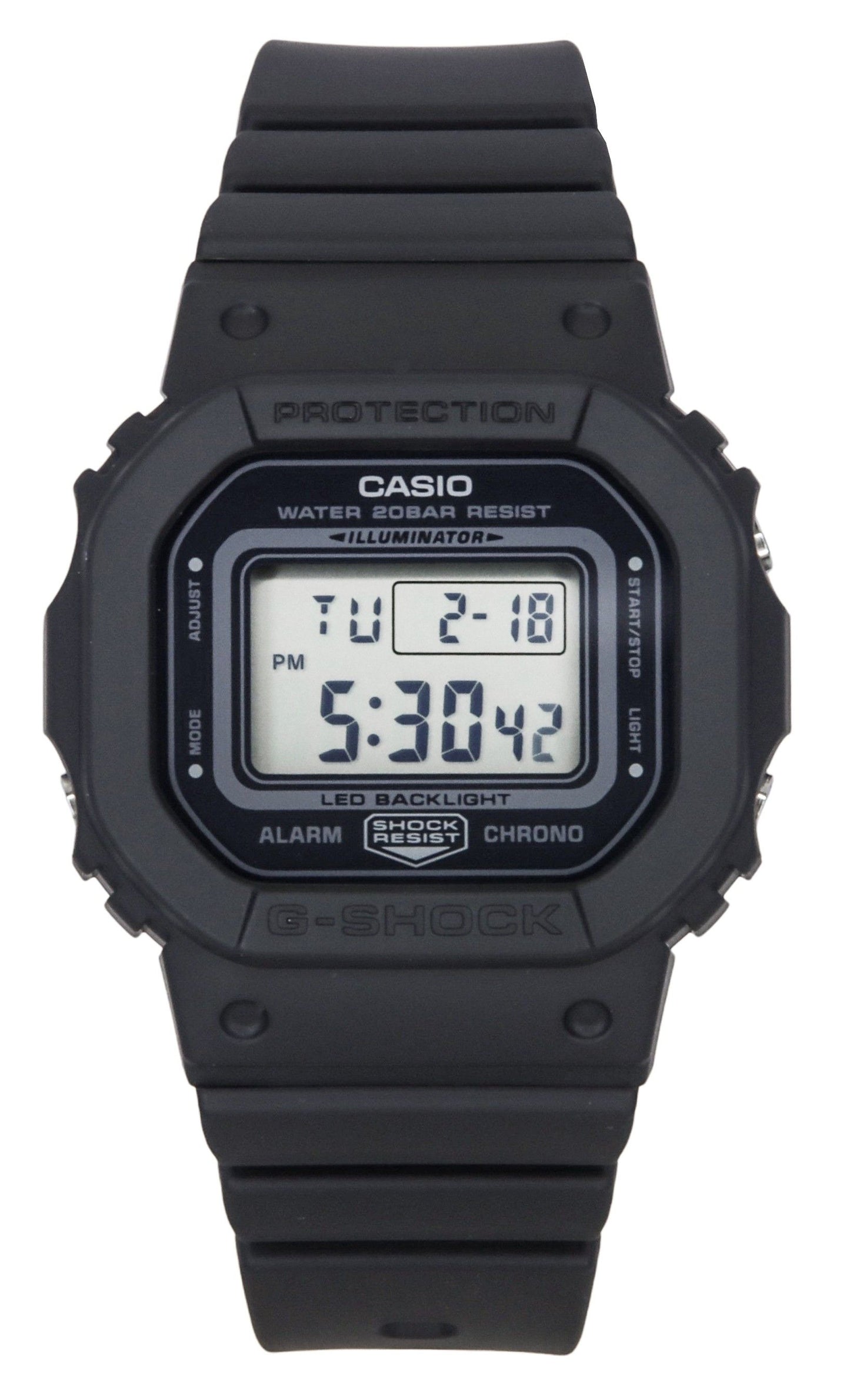 Casio G-Shock Digital Black Resin Strap Black Dial Quartz. A brand-new Casio G-Shock watch featuring a Black dial. Side view.
