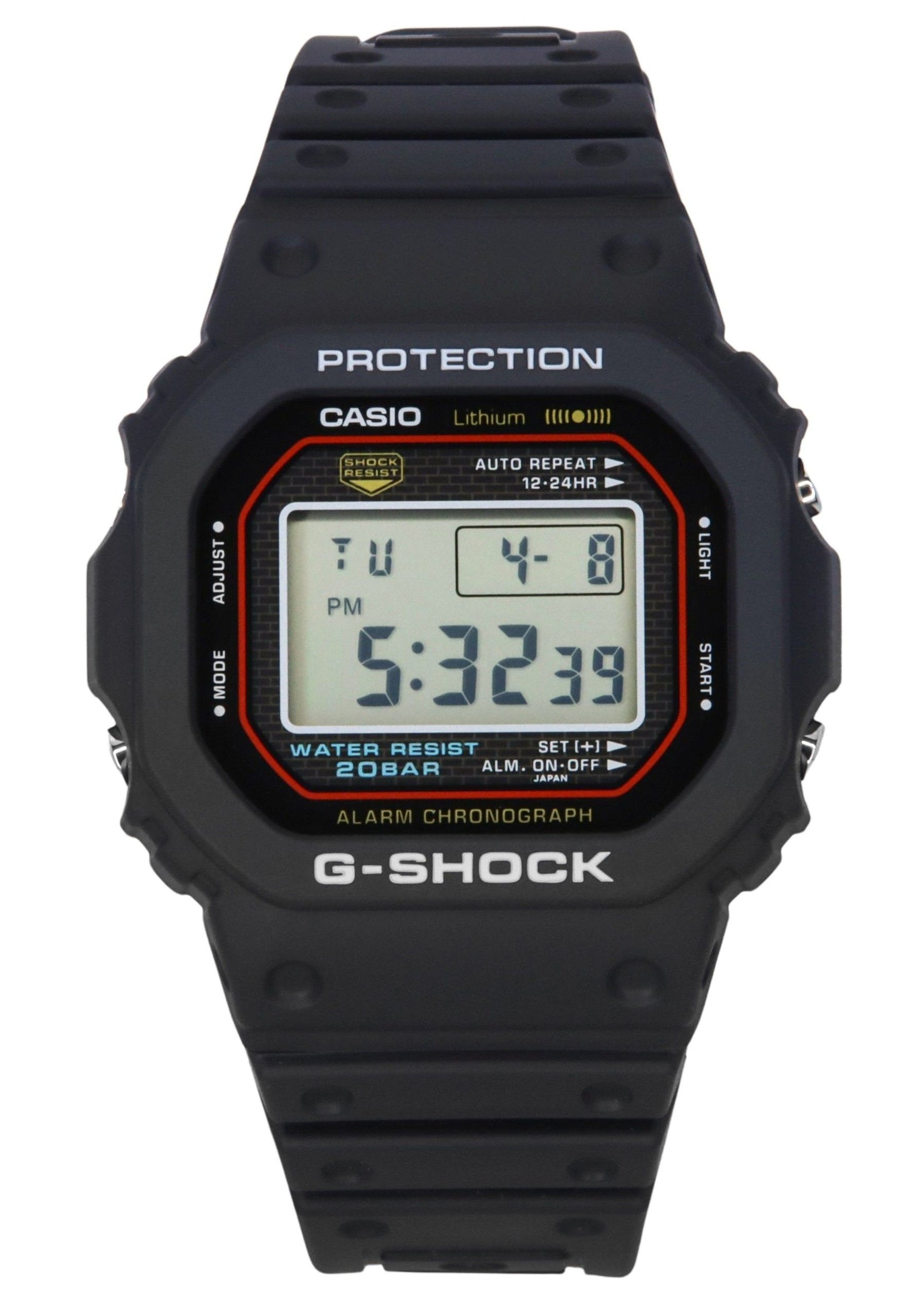 Casio G-Shock Digital Re-Creating The Original Design Of. A brand-new Casio G-Shock watch featuring a Plastic strap. Angled view.