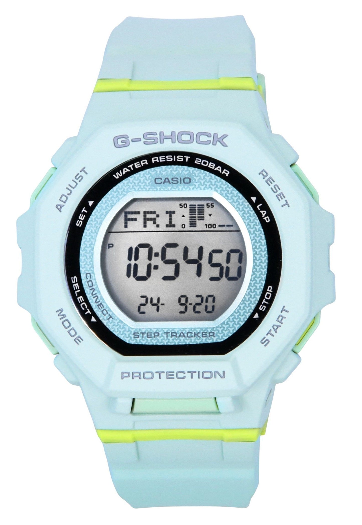 Casio G-Shock G-Squad Digital Smartphone Link Pale Green. A brand-new Casio G-Shock watch featuring a Plastic strap. Side view.