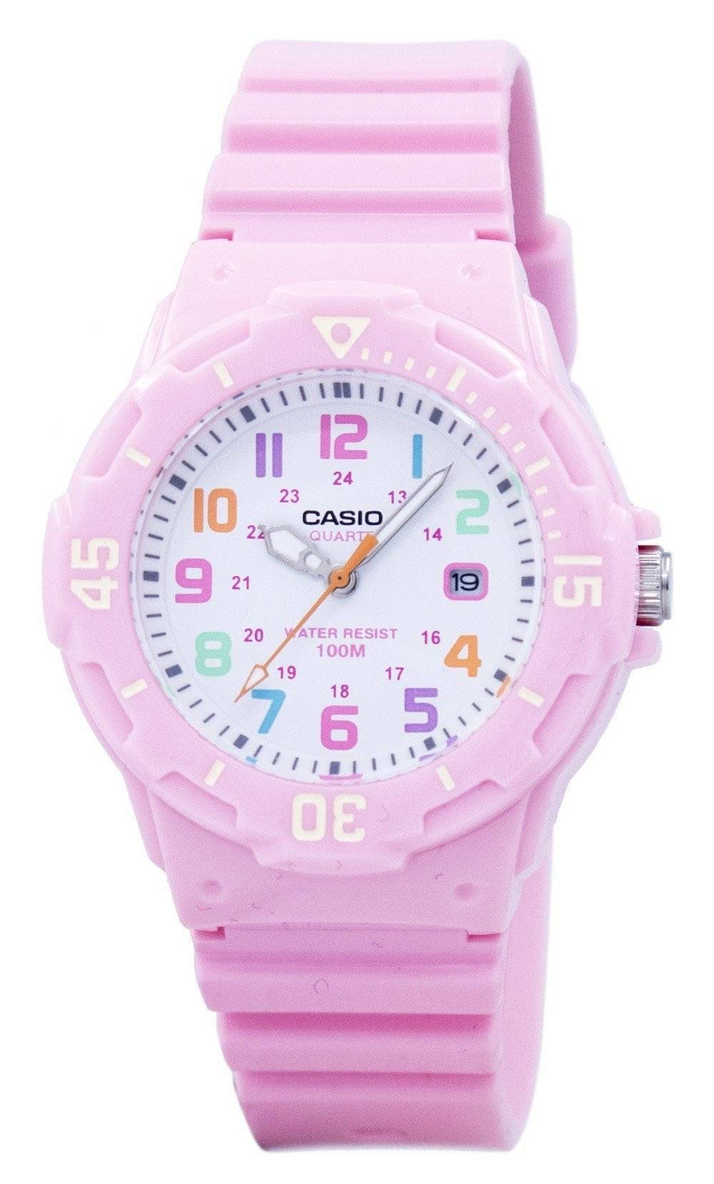 Casio Pink Resin Strap LRW200H-4B2VDF Wo Water Resistant. A brand-new Casio watch. Angled view.