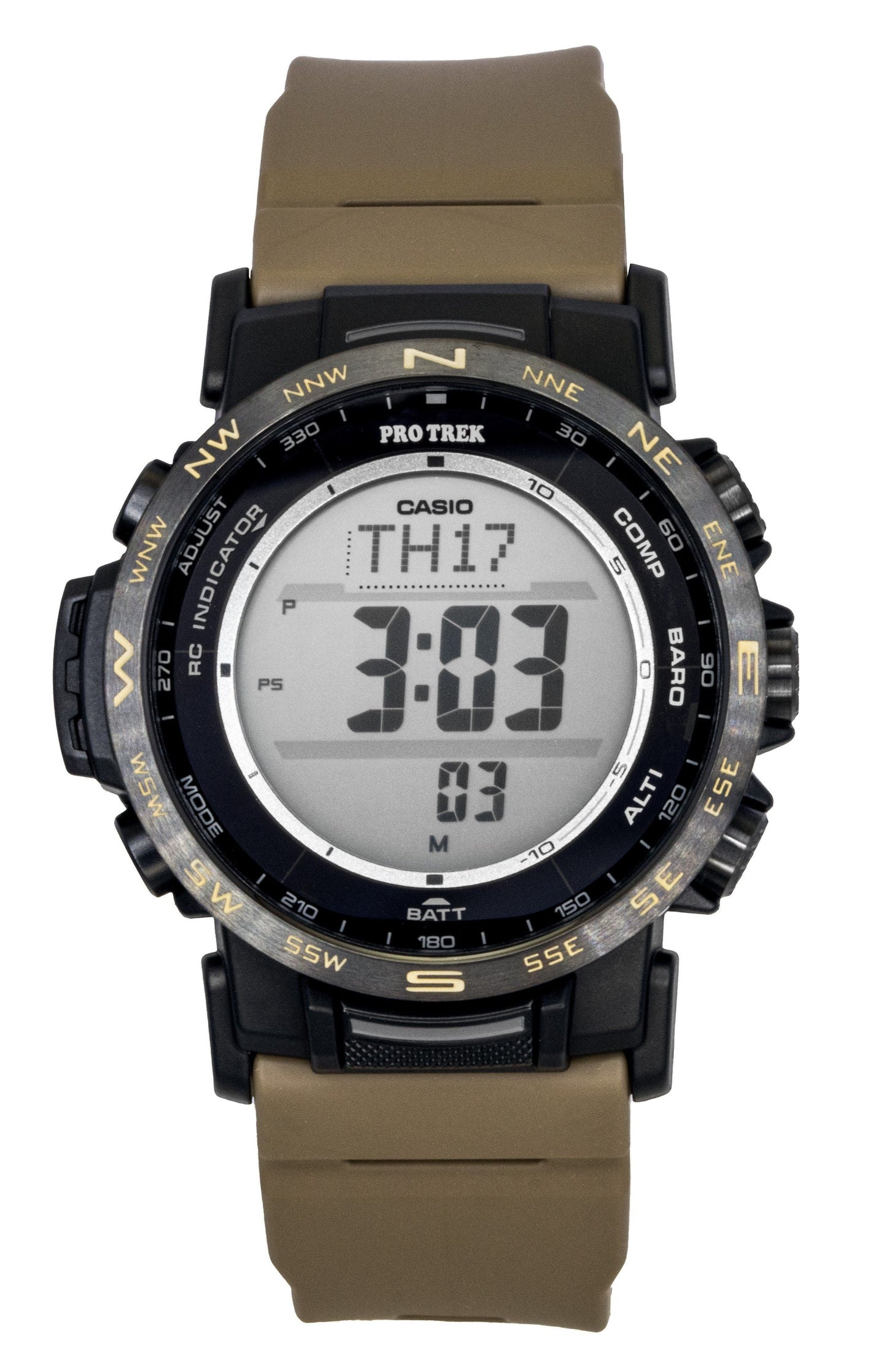 Casio Pro Trek Digital Bio-Based Resin Solar 100M. A brand-new Casio Pro Trek watch featuring a Plastic strap. Front view.