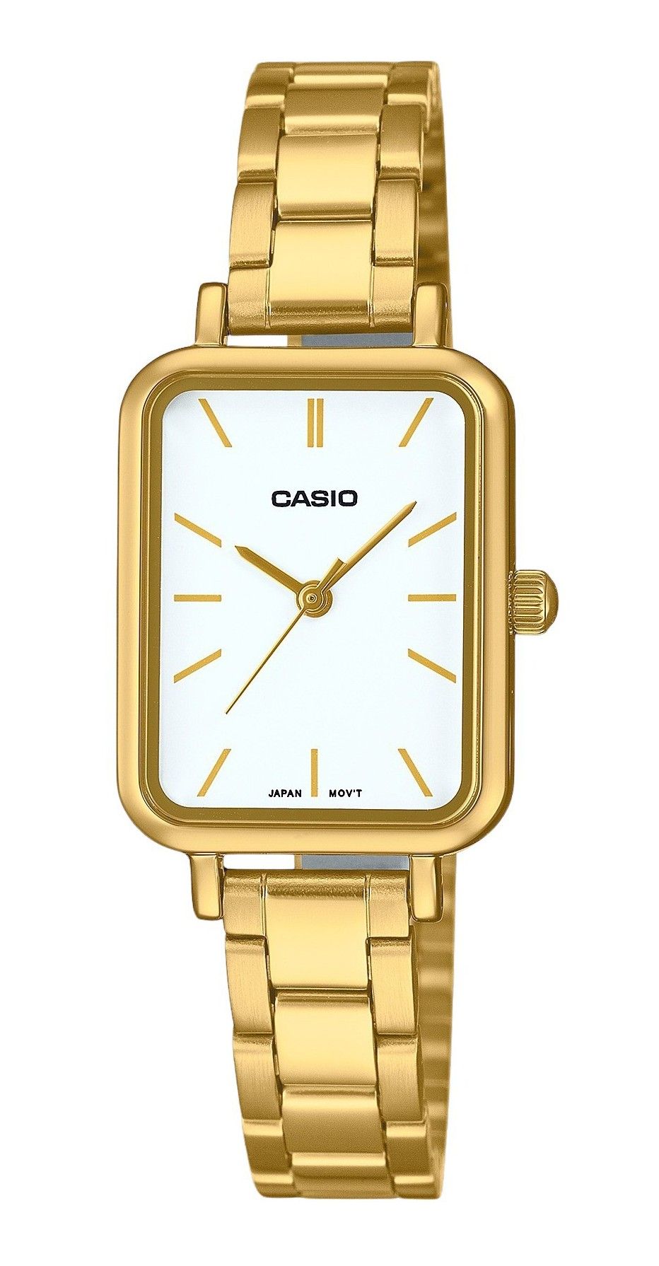 Casio Standard Analog Gold Tone Stainless Steel White Dial. A brand-new Casio Standard watch featuring a White dial and a Stainless steel strap. Angled view.